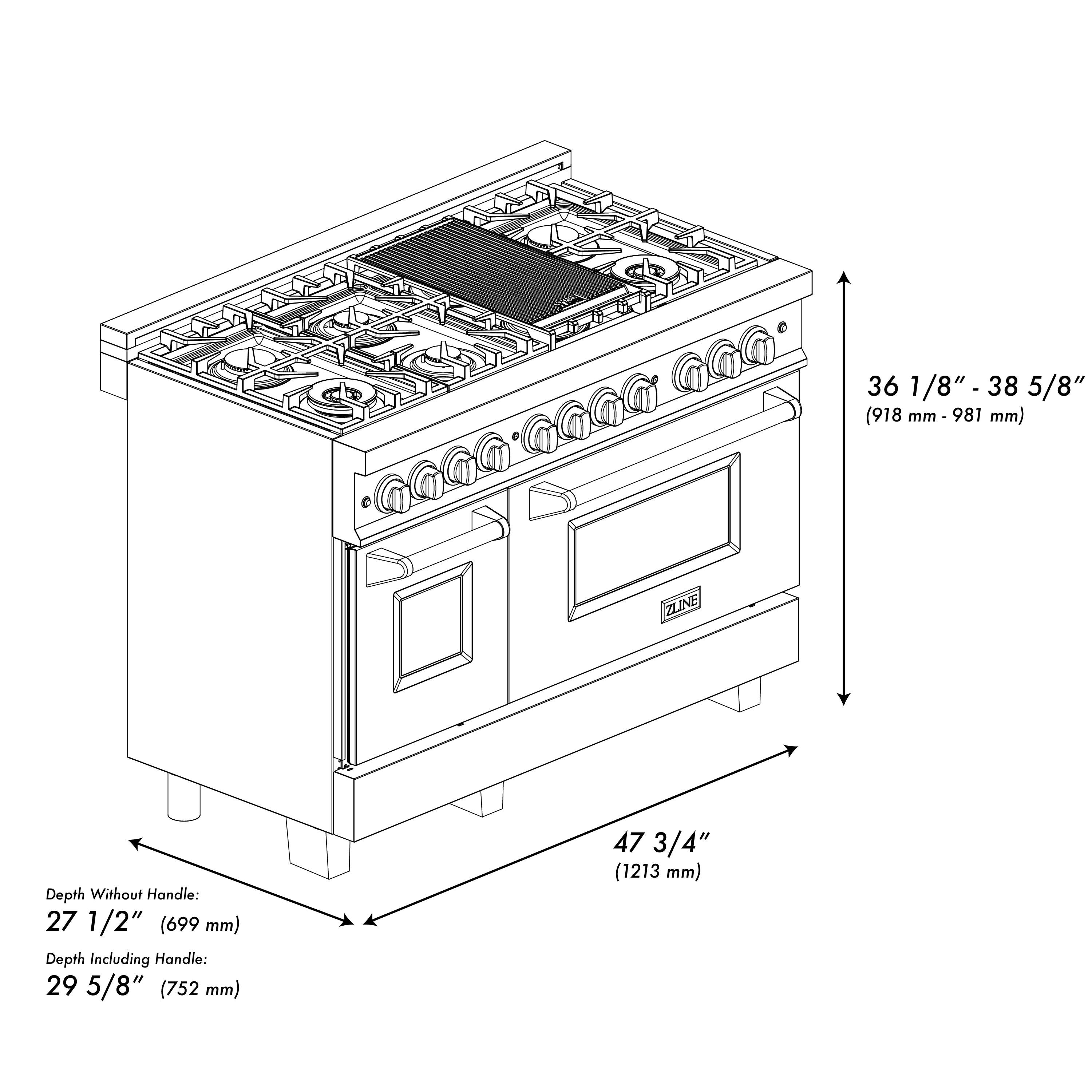 Line drawing of black dual fuel range showing front dimensions and oven