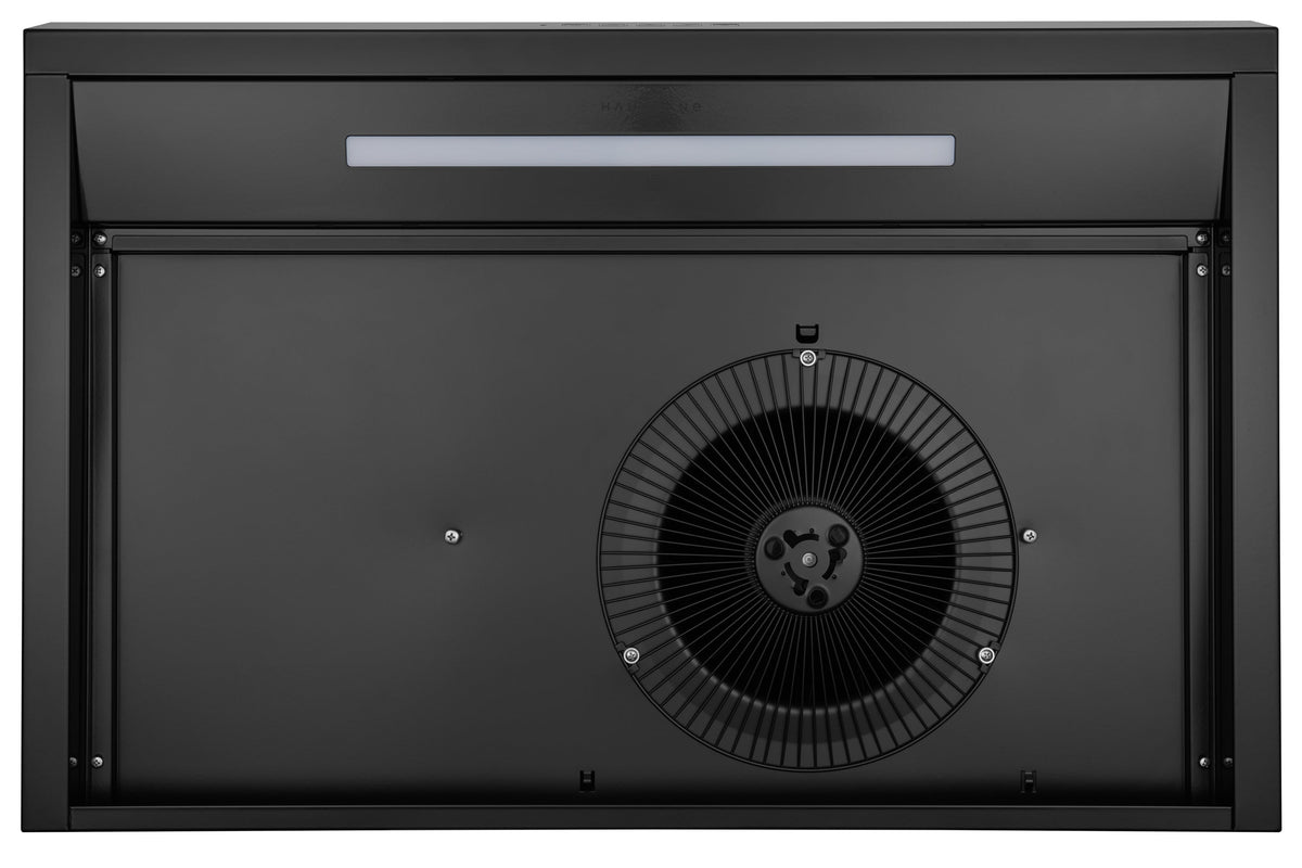 Black under-cabinet range hood back panel with circular fan and mounting screws