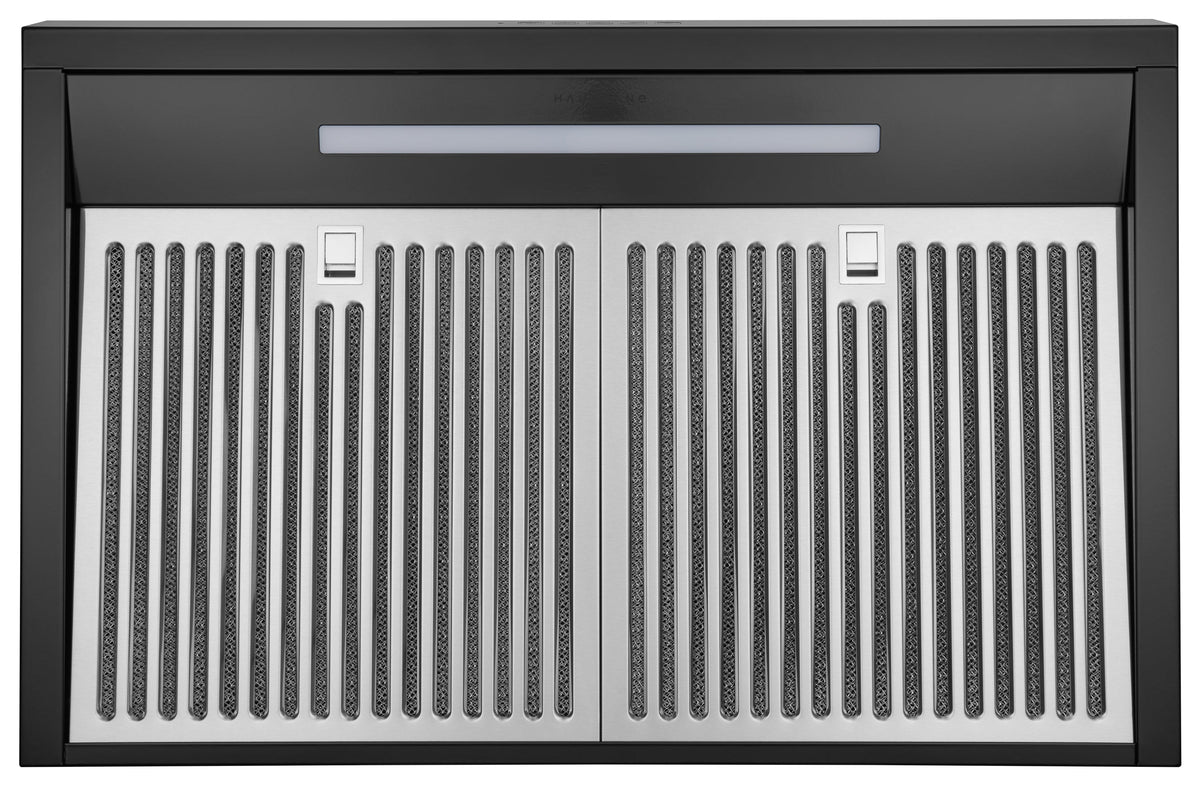 Black under-cabinet range hood front with vent grille and panel LED bar