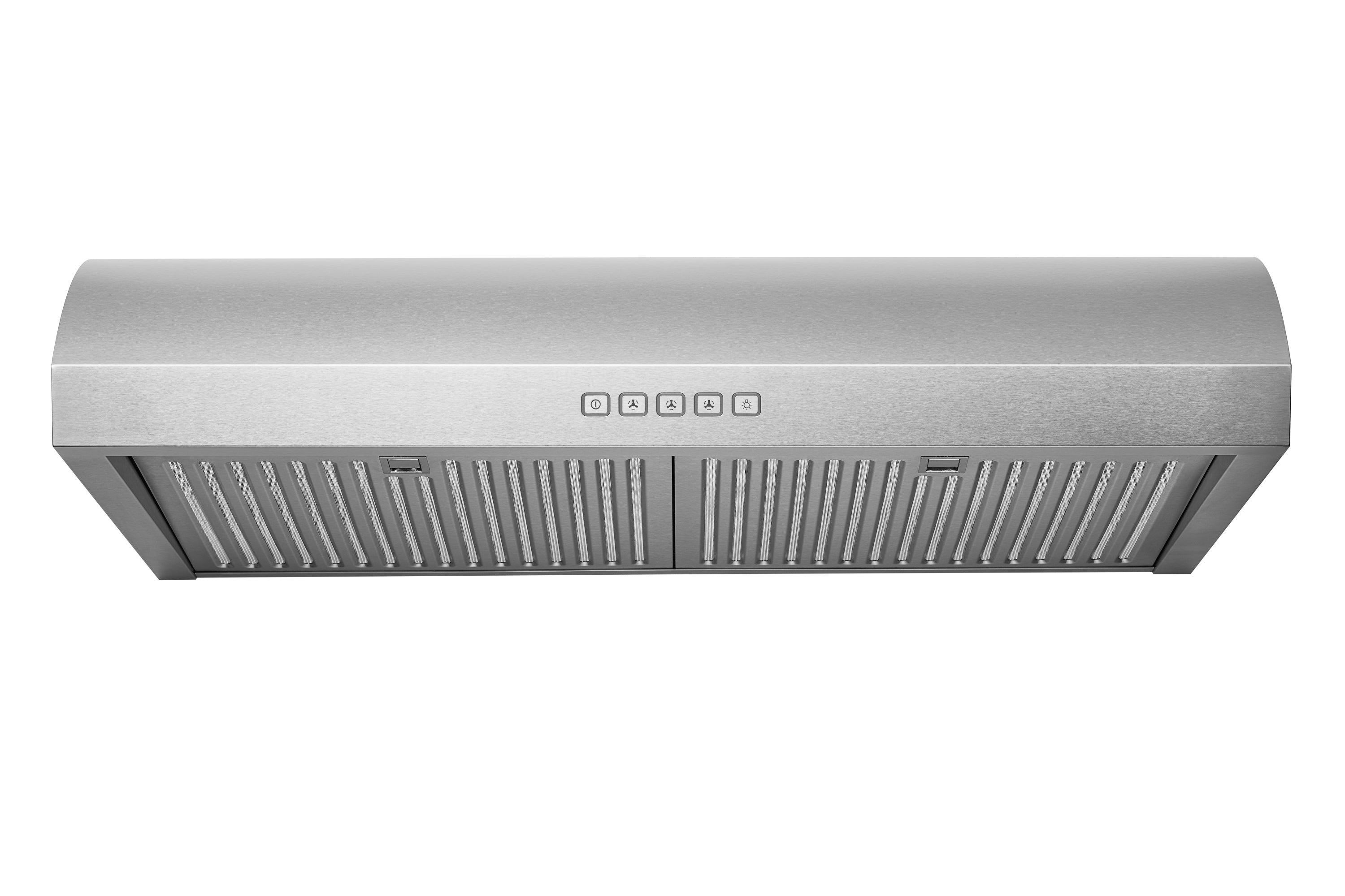 Stainless steel under-cabinet range hood with curved front and panel LED control buttons