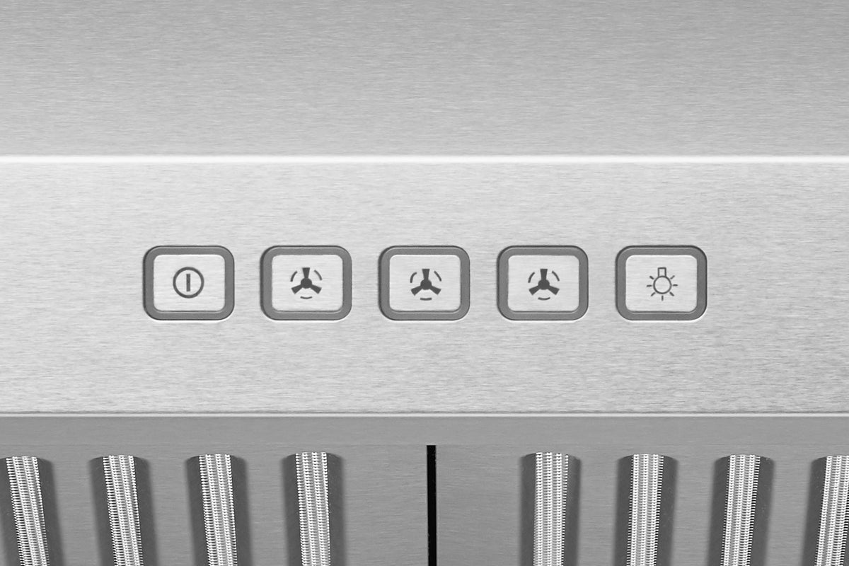 Range hood control panel with LED-style buttons and visible metal filter vent slats
