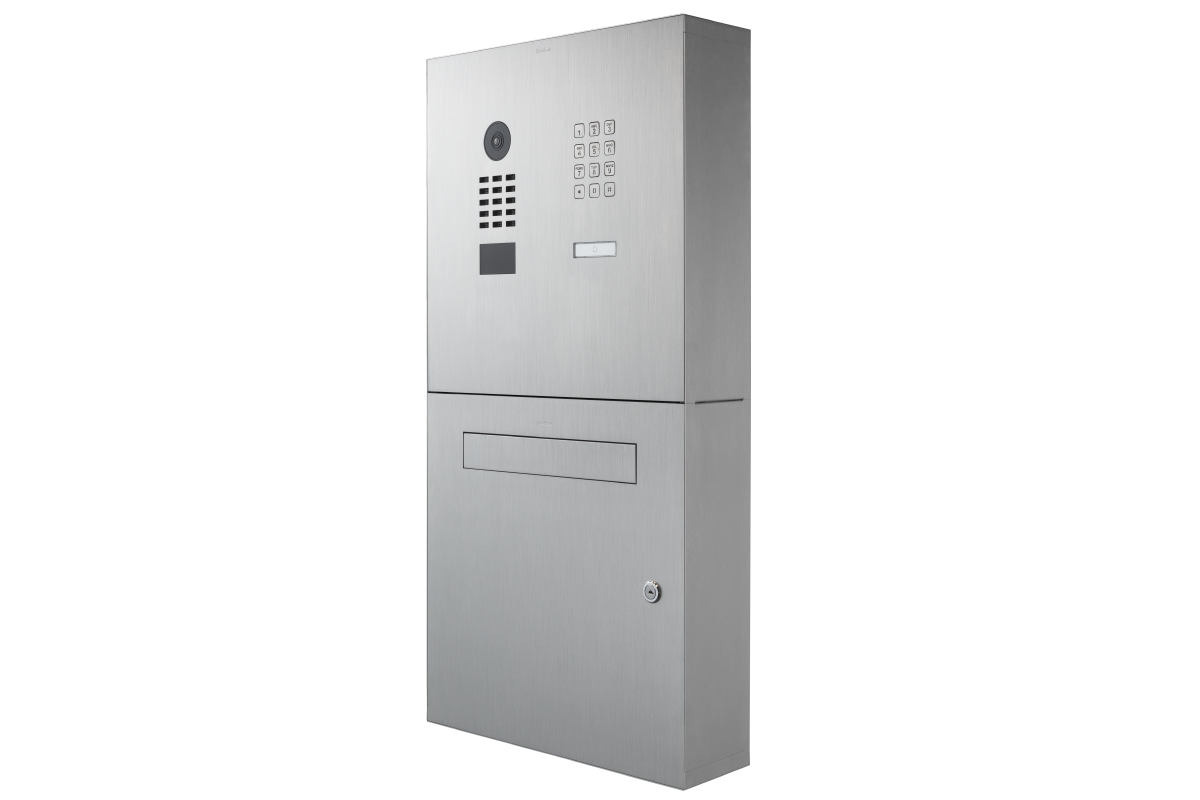 Metallic silver brushed video door station with keypad, call button, and mail slot