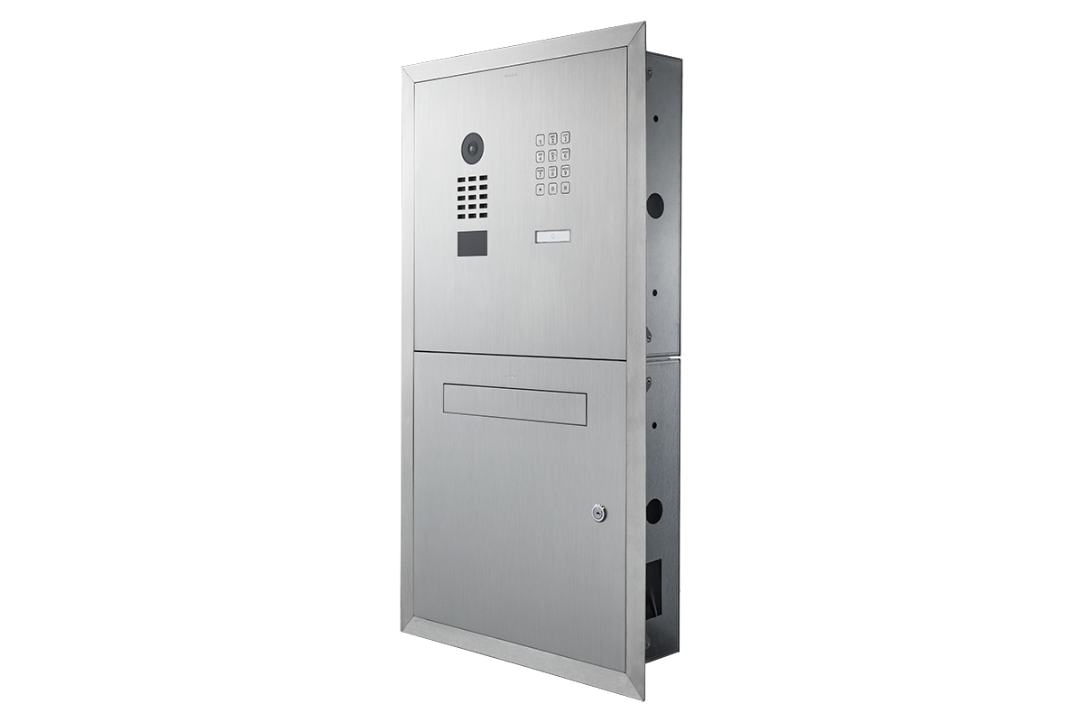 Flush-mounted stainless door station letterbox with keypad, call button, and mail slot