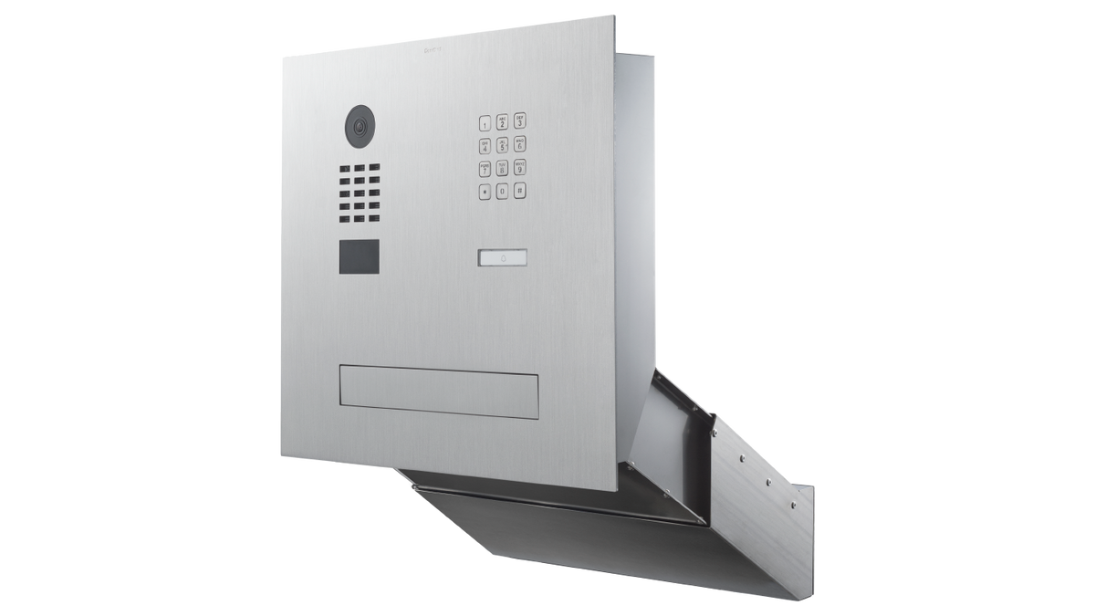 Wall-mounted video door station with keypad, call button, and mail slot