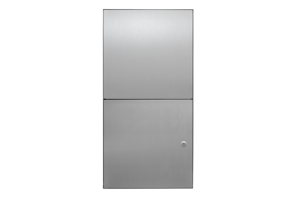 Brushed metal DoorBird fence letterbox door station front panel with mail slot