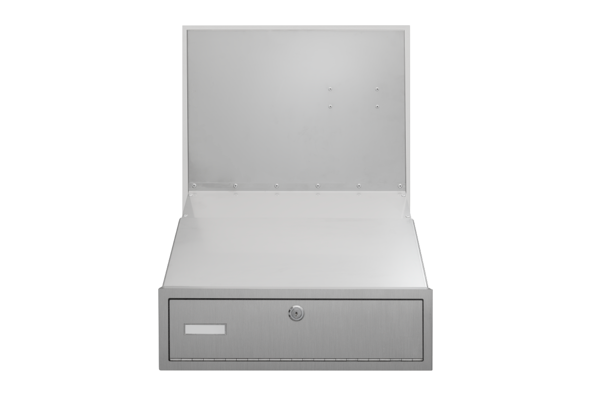 Wall pass-through letterbox unit with open lid and front mail drawer