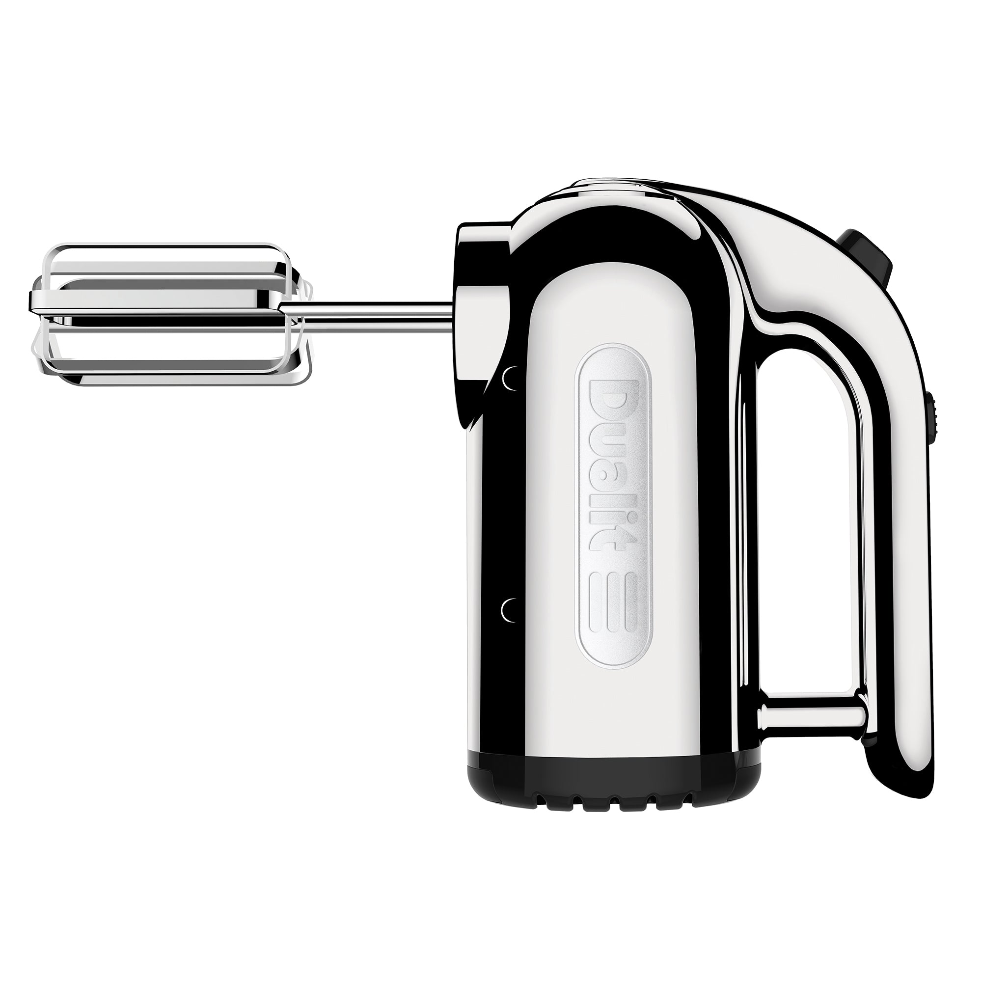 Polished chrome hand mixer with two beaters and front switch control
