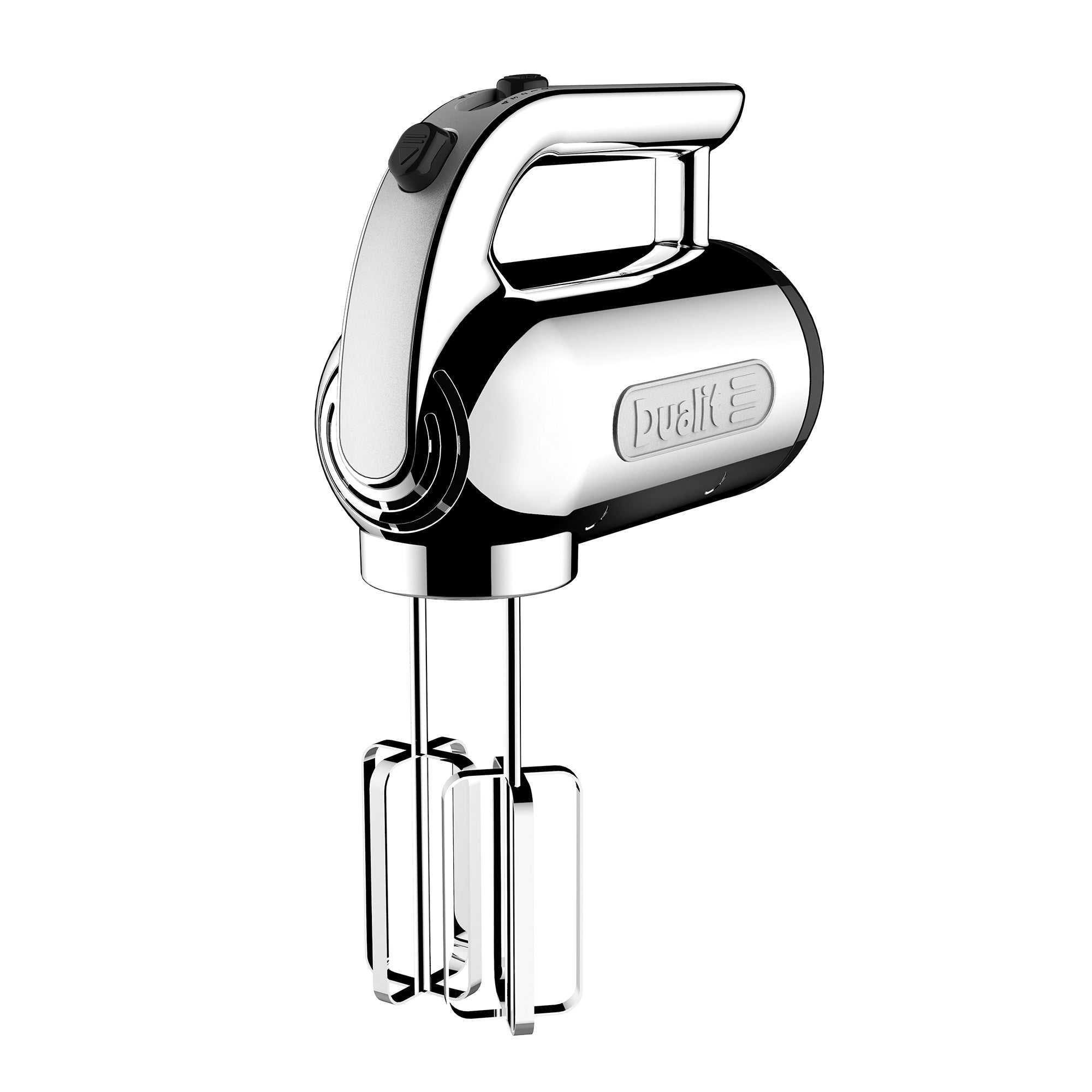 Chrome hand mixer with whisk attachments and upright mixer head