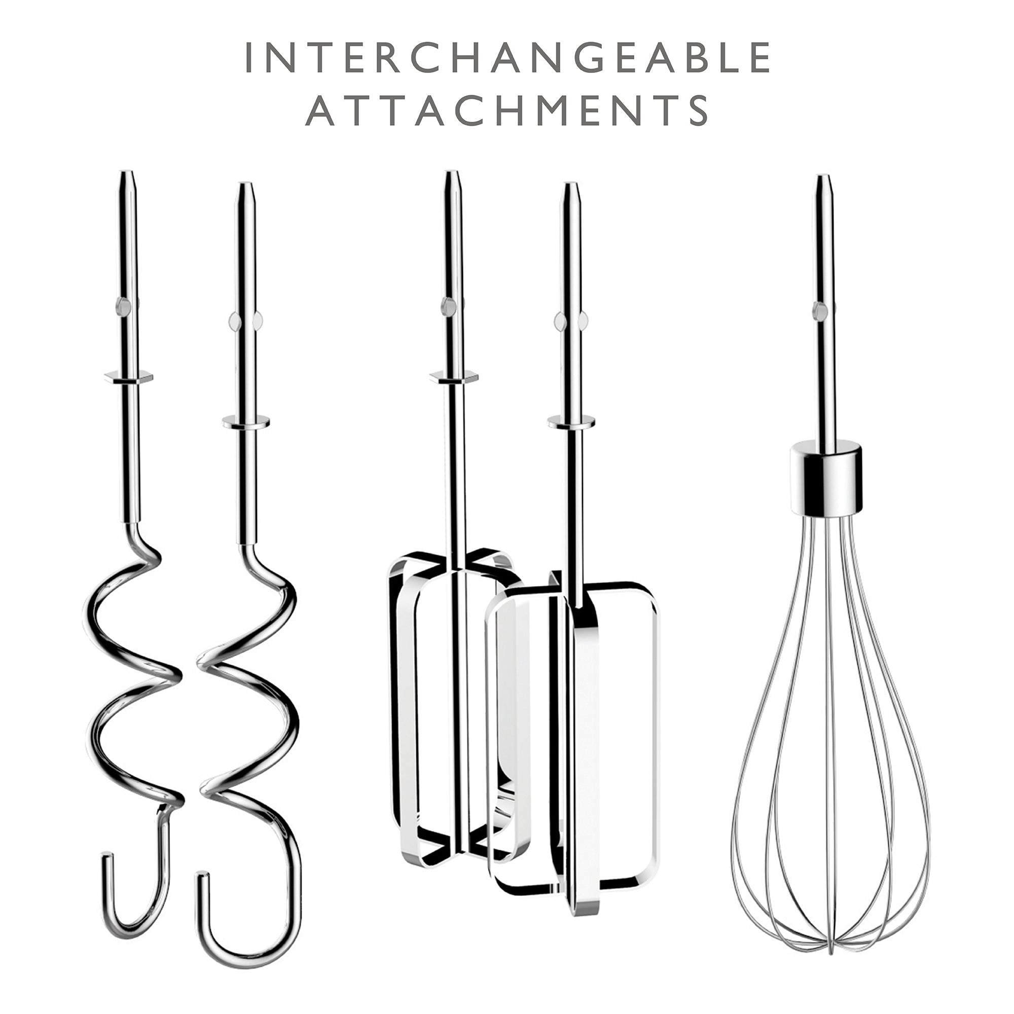 Interchangeable hand mixer attachments: whisk, beaters, and more in chrome