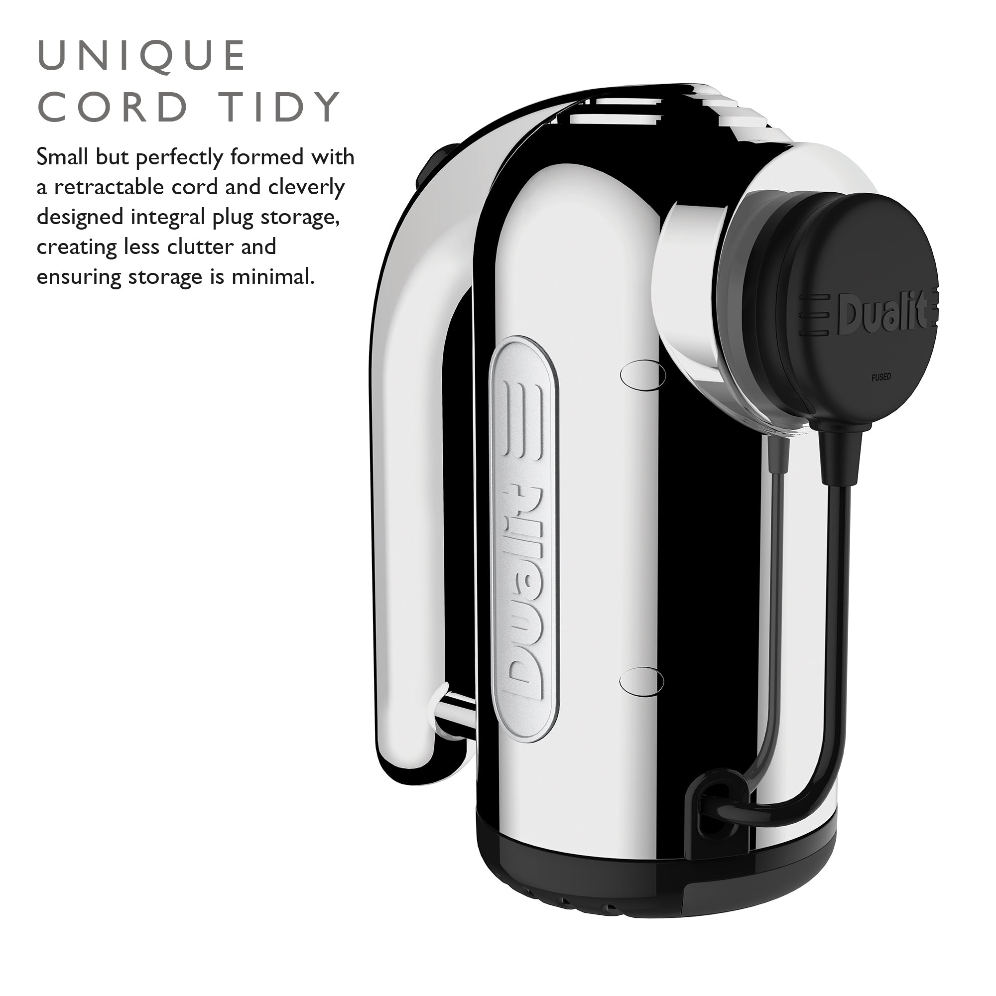 Polished chrome hand mixer with black grip and cord-tidy housing
