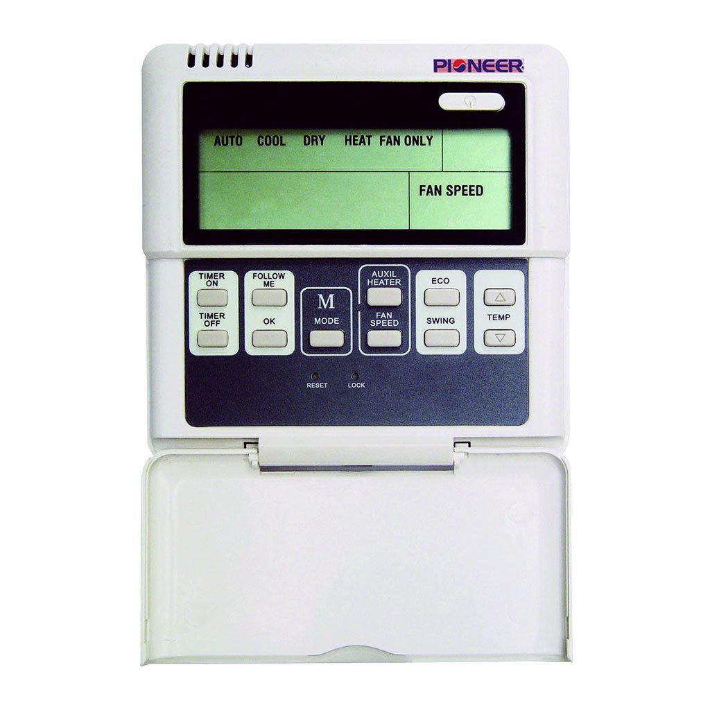 Wall-mounted mini-split controller with backlit screen and control buttons