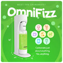 White Drinkmate OmniFizz soda maker with a green carbonated bottle and feature icons
