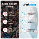 Drinkmate OmniFizz bundle benefits poster with cost savings and carbonate-anything icons