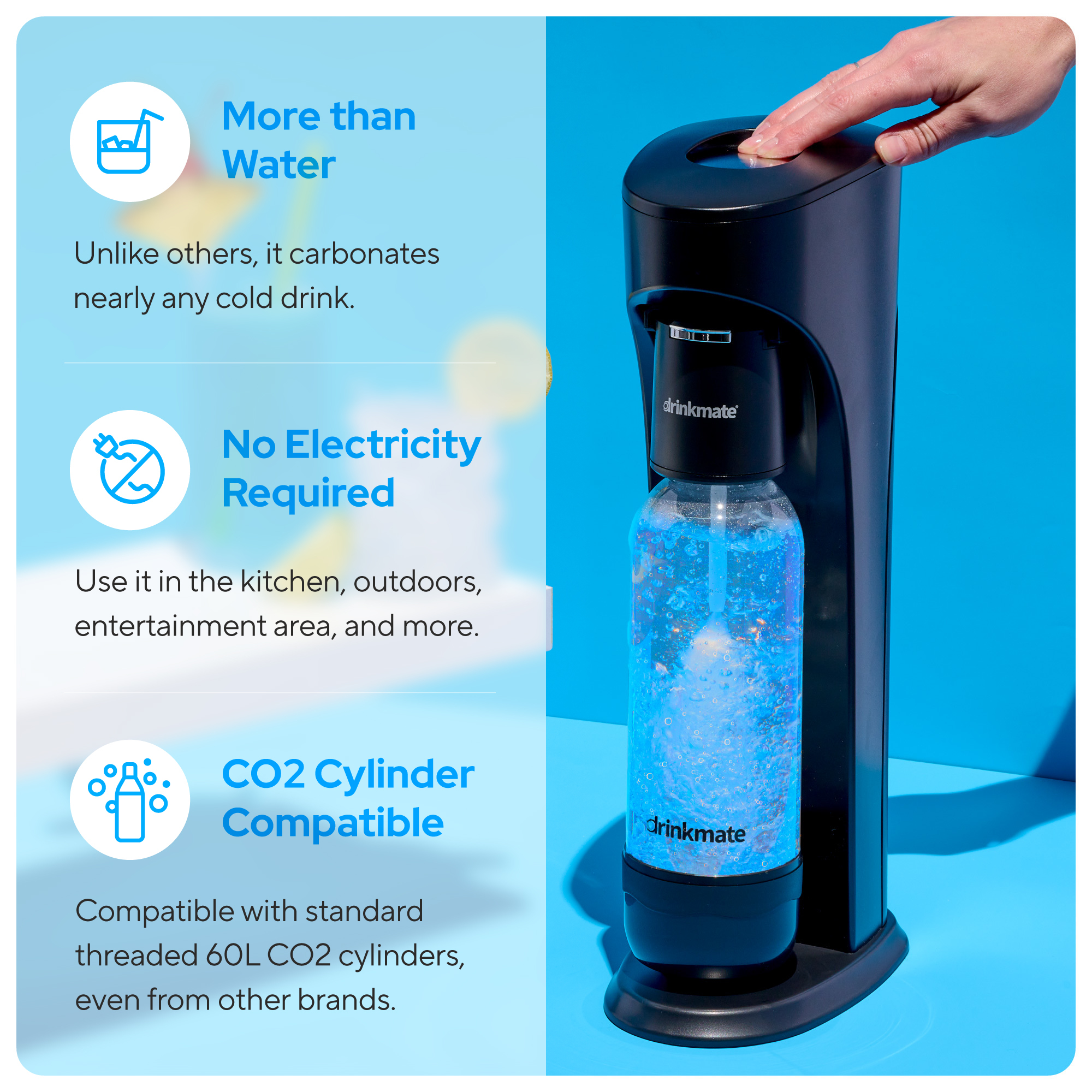 Black Drinkmate OmniFizz sparkling water maker with drink bottle shown
