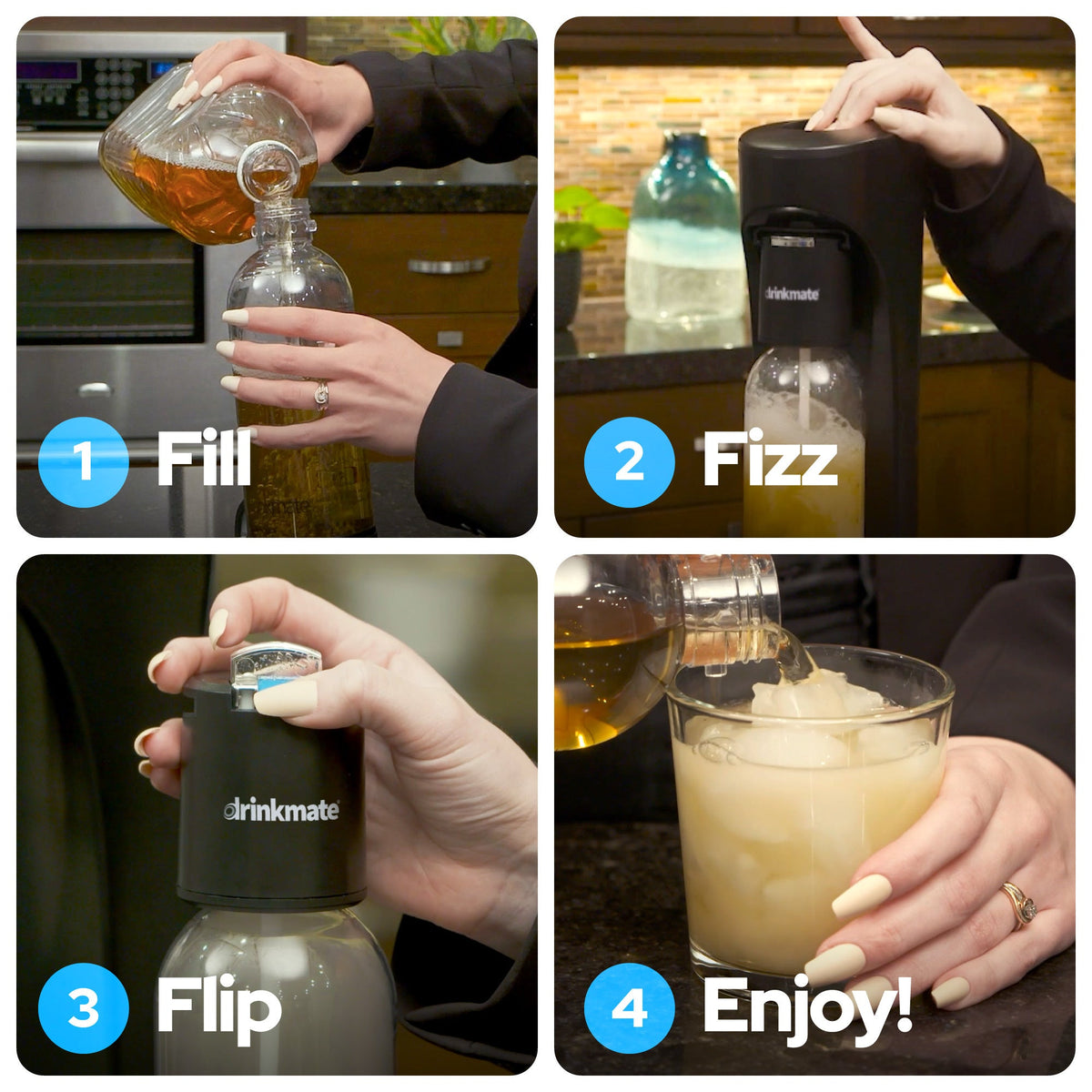 Black OmniFizz sparkling water maker with hands filling, fizzing, and pouring