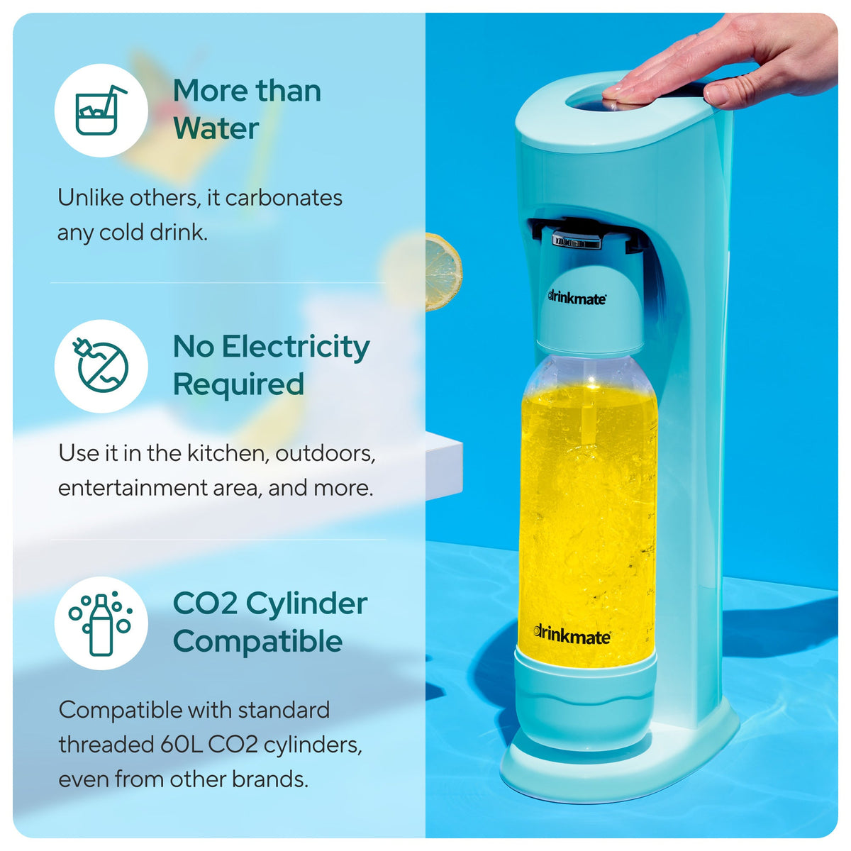 Blue Drinkmate OmniFizz sparkling water maker with bottle carbonation shown