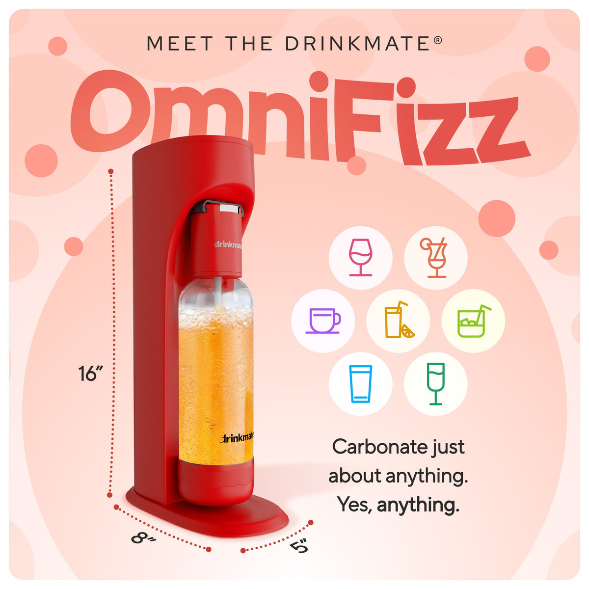 Red Drinkmate OmniFizz sparkling water maker with filled bottle display