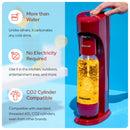 Royal red sparkling water soda maker with bottle and CO2 compatibility icons