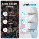 Drinkmate promotional cards comparing store-bought drinks and soda maker