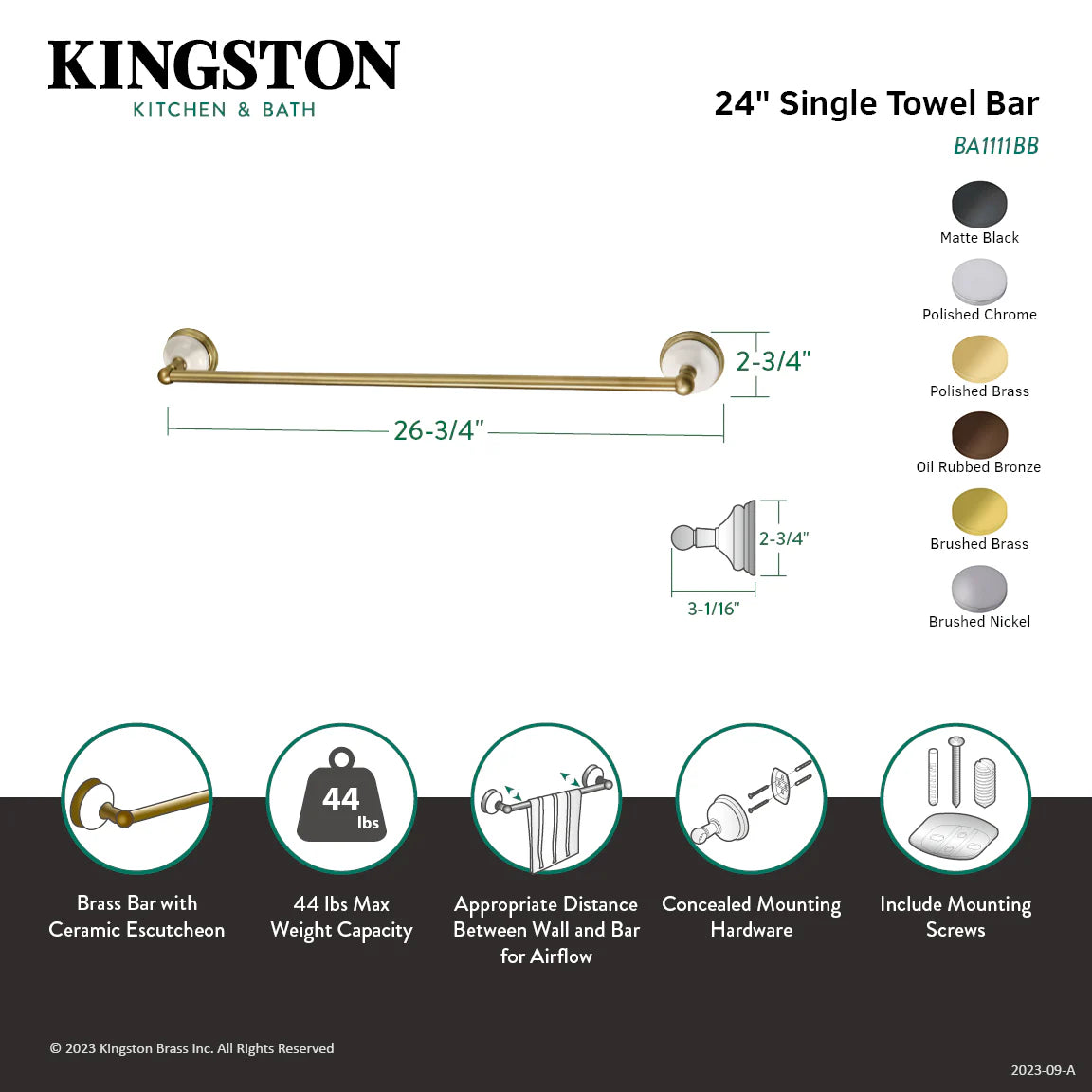 24-inch single towel bar, polished brass with decorative ring end caps