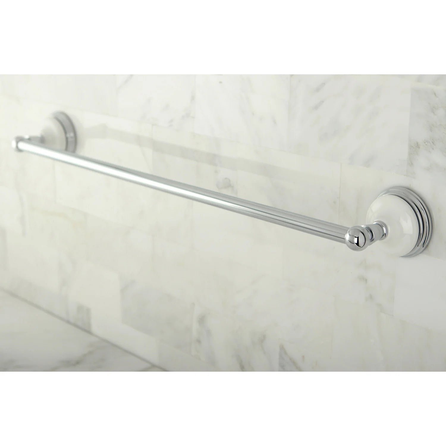 24 in polished chrome single towel bar mounted to round double-ring backplate