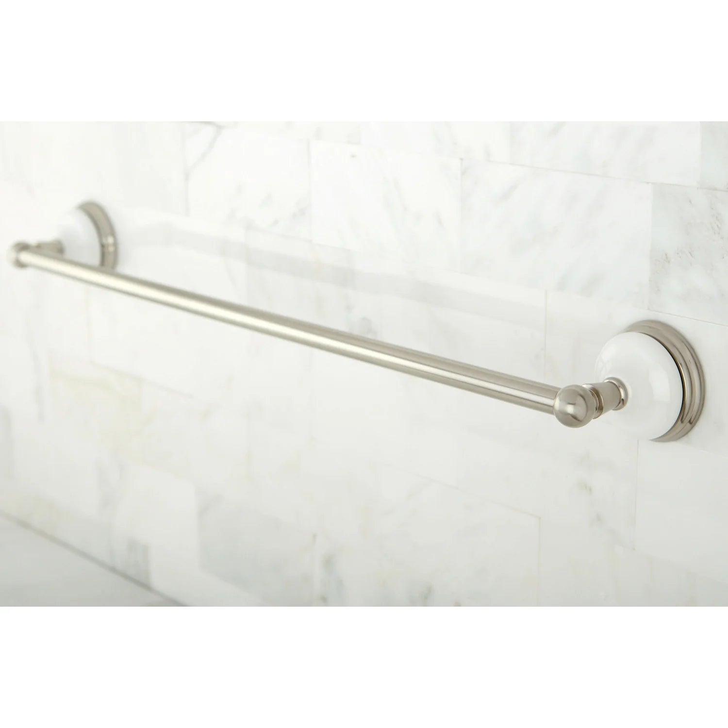Single towel bar with brushed nickel rail and white end caps, wall-mounted.