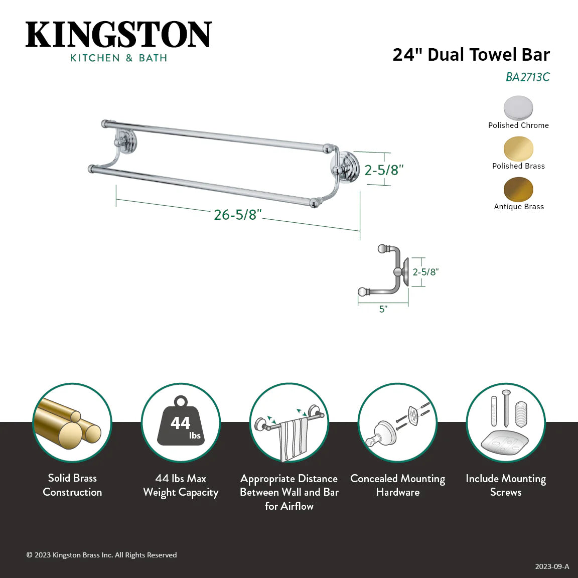 24-inch dual towel bar diagram with dimensions and mounting hardware callouts