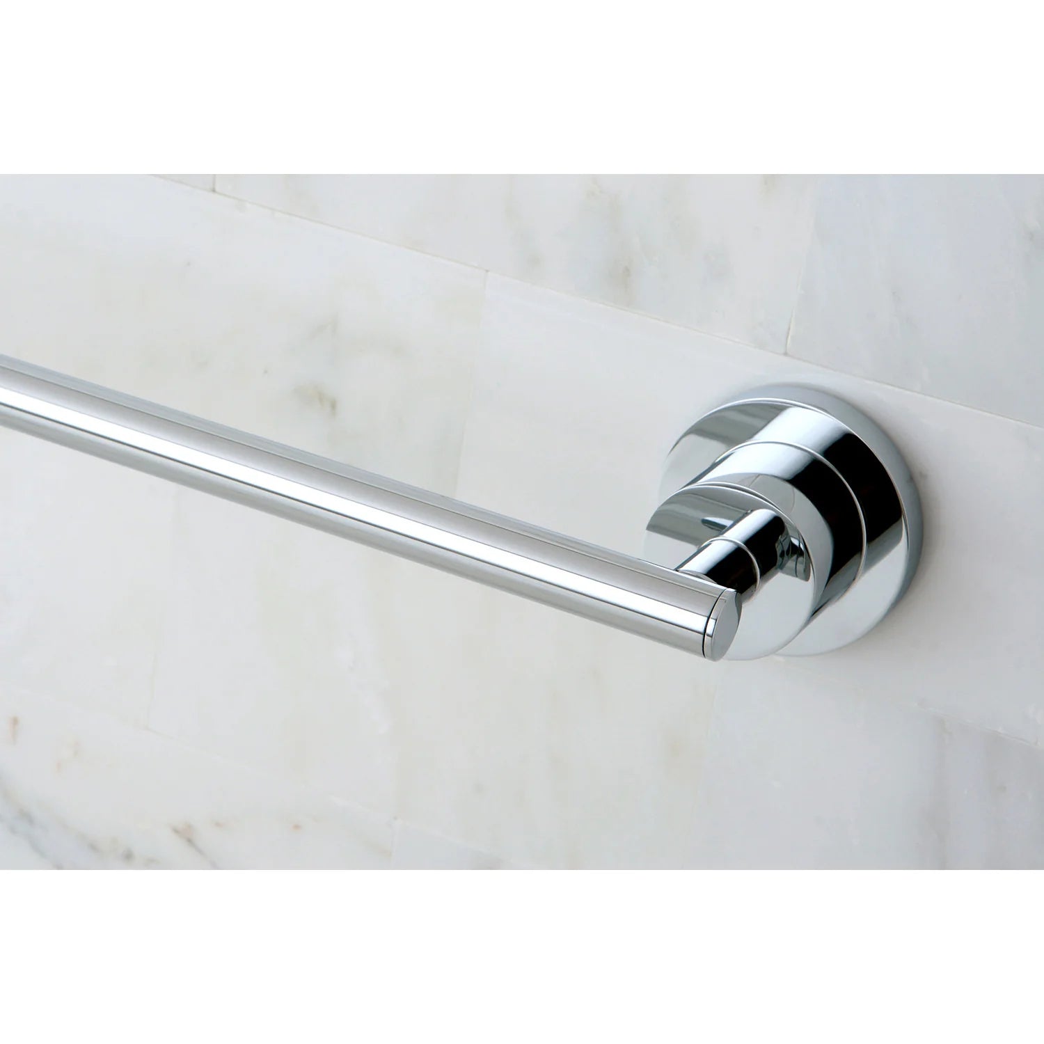 Polished chrome towel bar wall mount with circular base and visible mounting plate