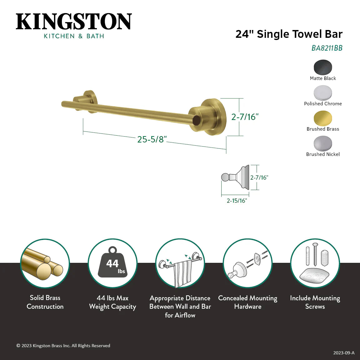 24-inch single towel bar in brushed brass, with size diagram and mounting hardware icons