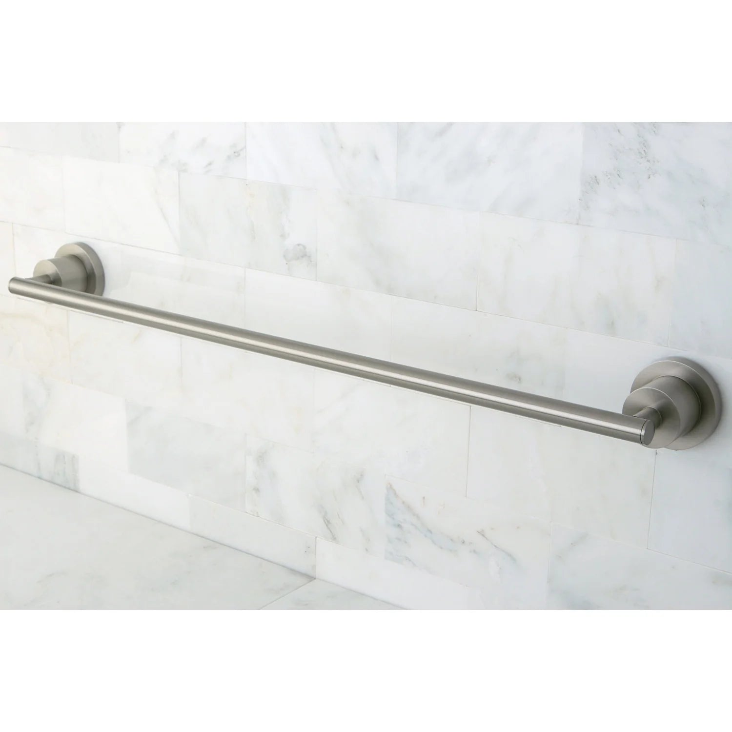 Single towel bar with brushed nickel finish mounted on a wall
