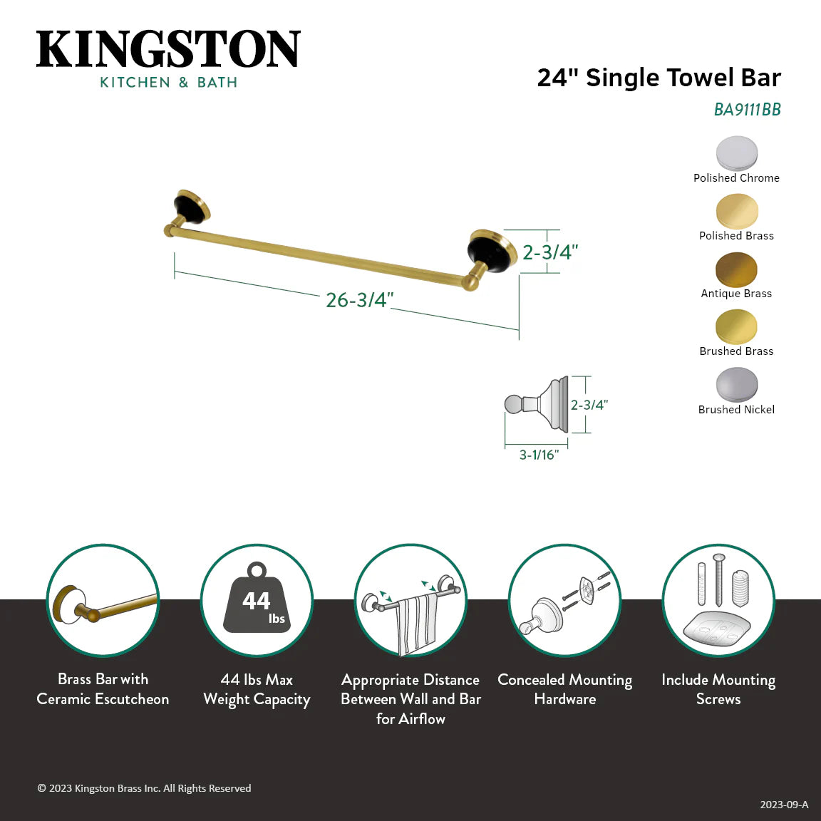 24-inch single towel bar spec diagram with mounting dimensions and polished chrome finish