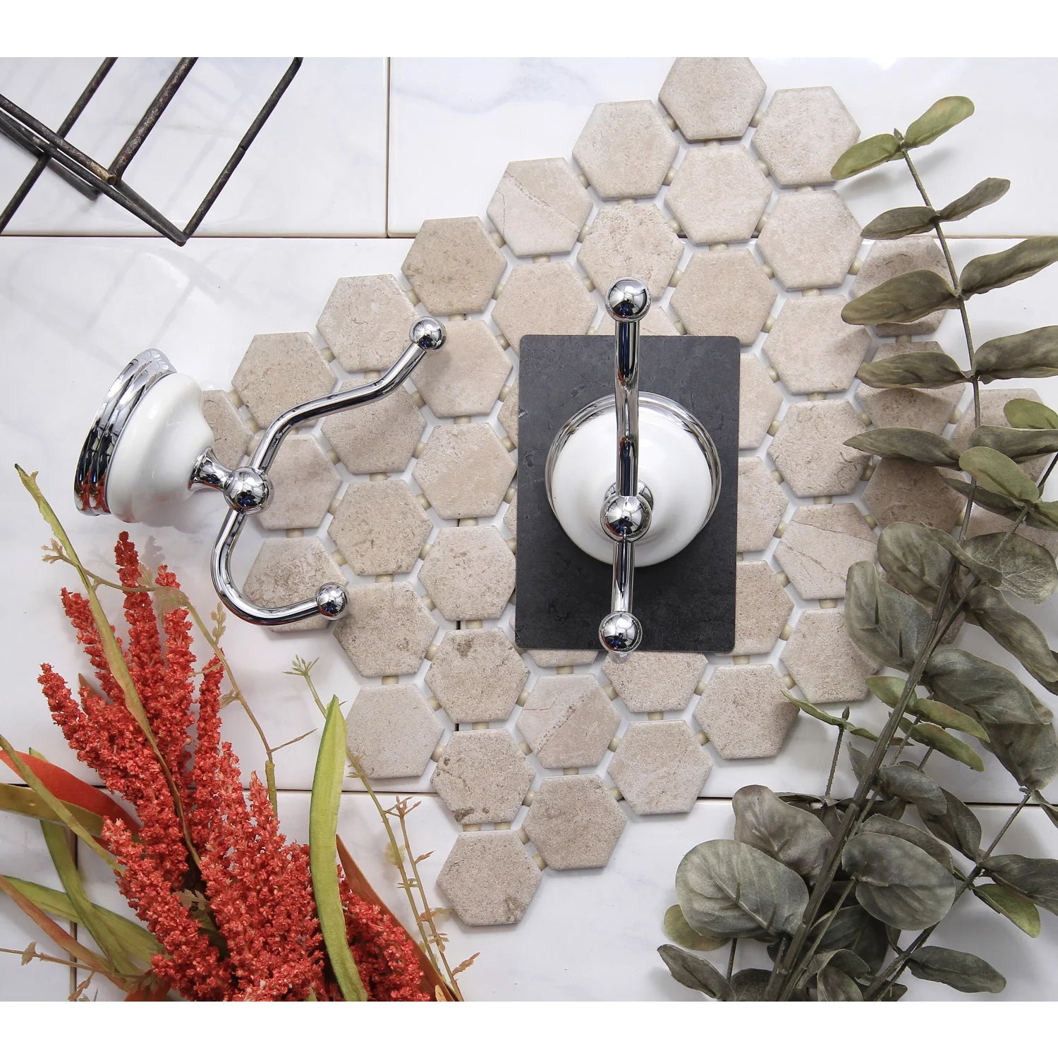 Polished chrome wall-mounted robe hook set with two arms on round backplates