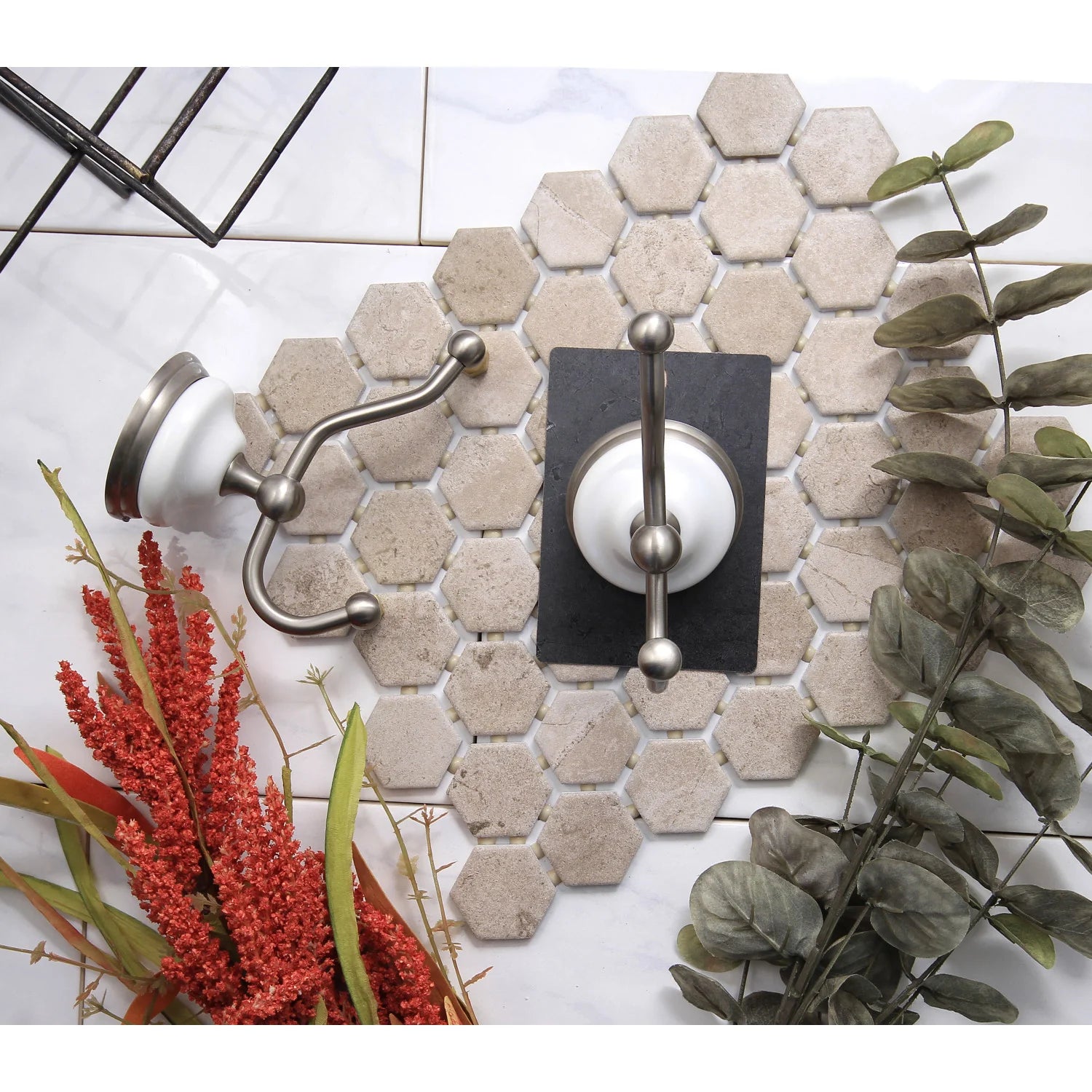 Installed brushed nickel Victorian 2-piece robe hook on wall tiles, two hooks