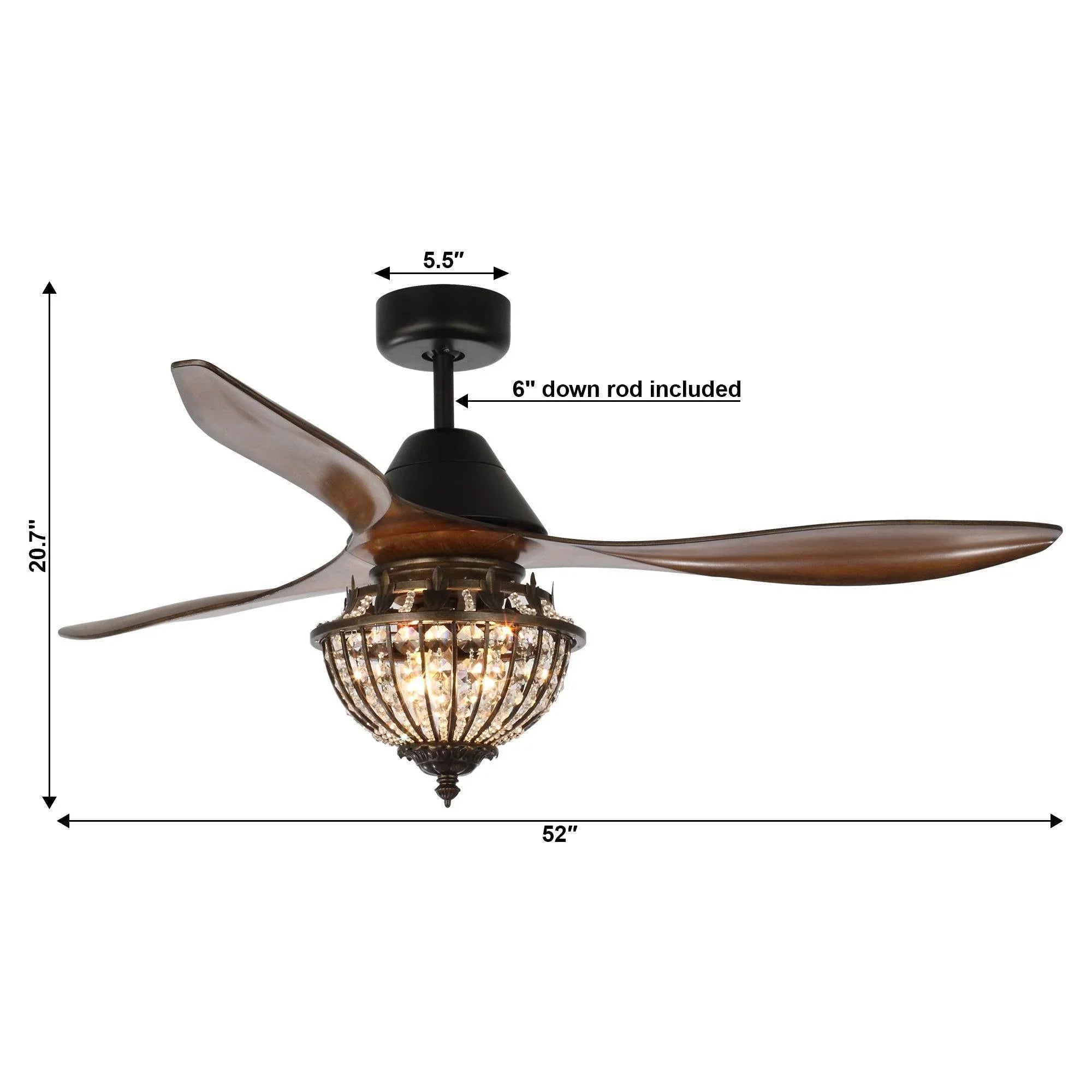 Black ceiling fan with brown reversible blades and glass globe light, 52-inch