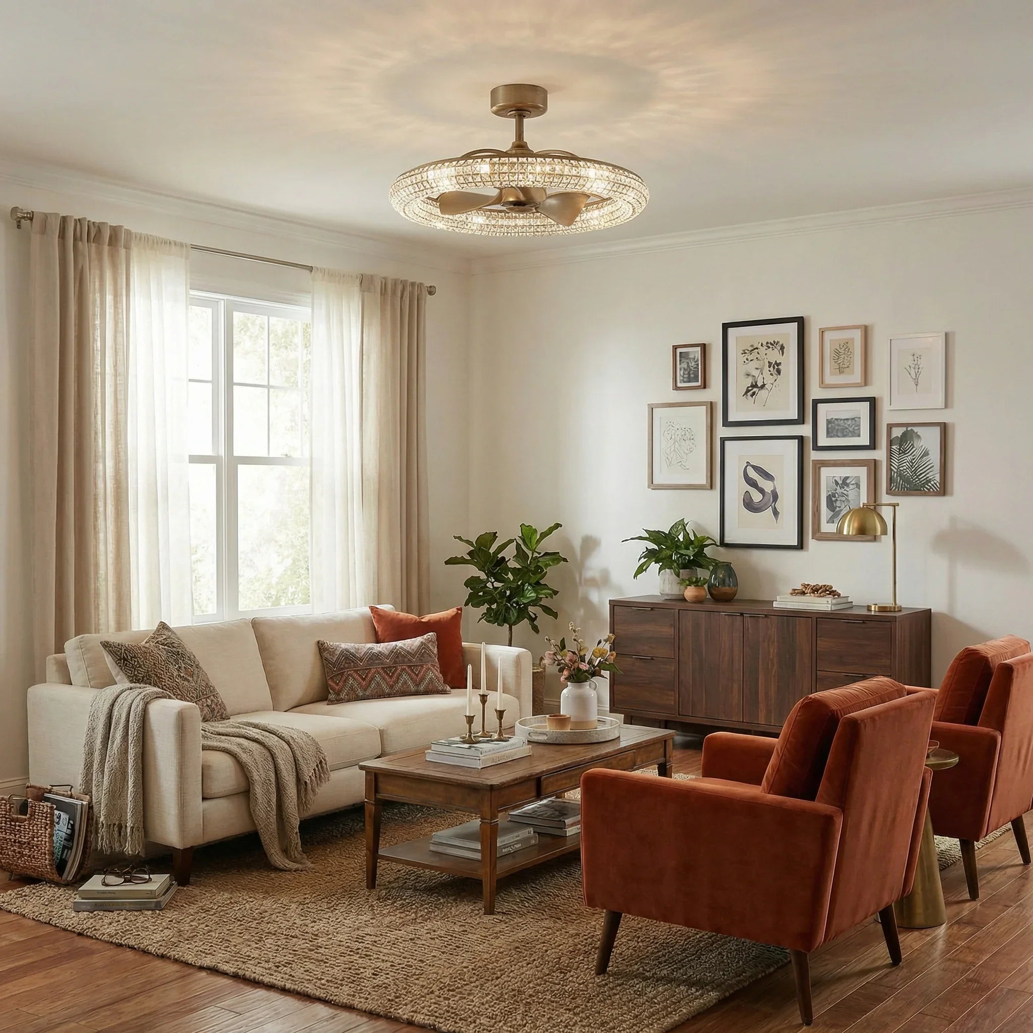 Golden ceiling fan with crystal glass light ring and three blades on ceiling in a living space.