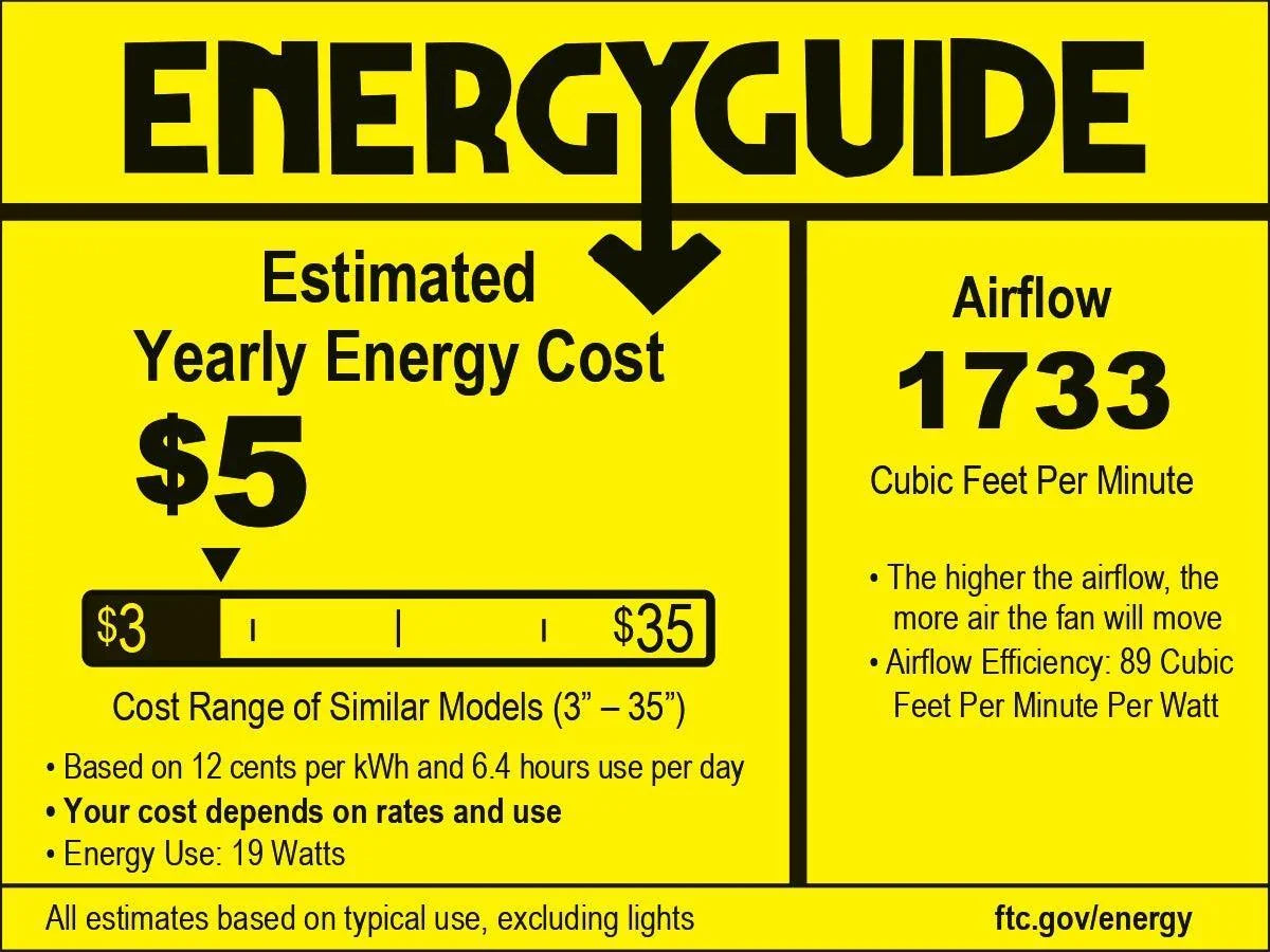 Ceiling fan EnergyGuide label with estimated yearly energy cost and airflow value shown.