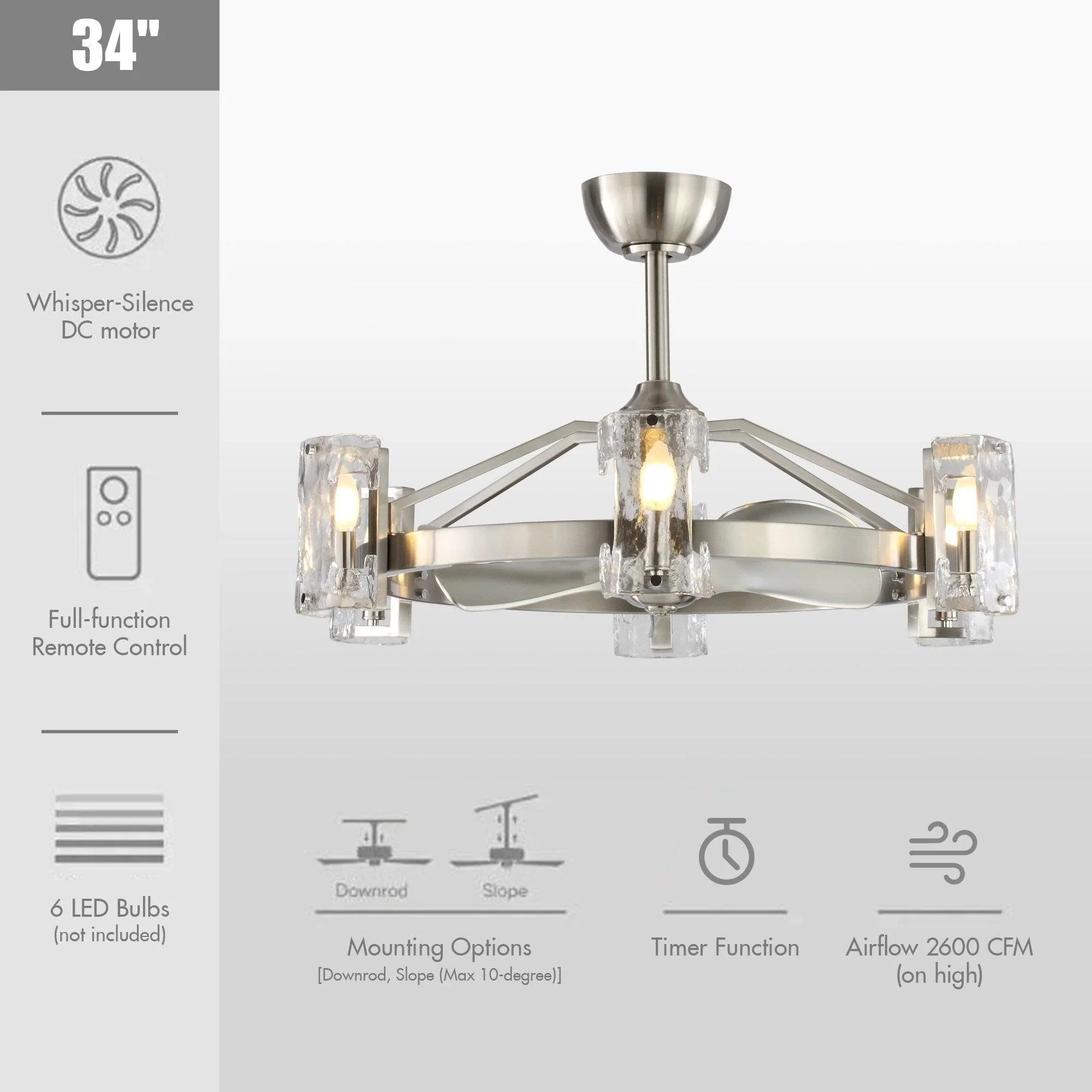 Brushed nickel reversible ceiling fan with clear glass light shades and DC motor design