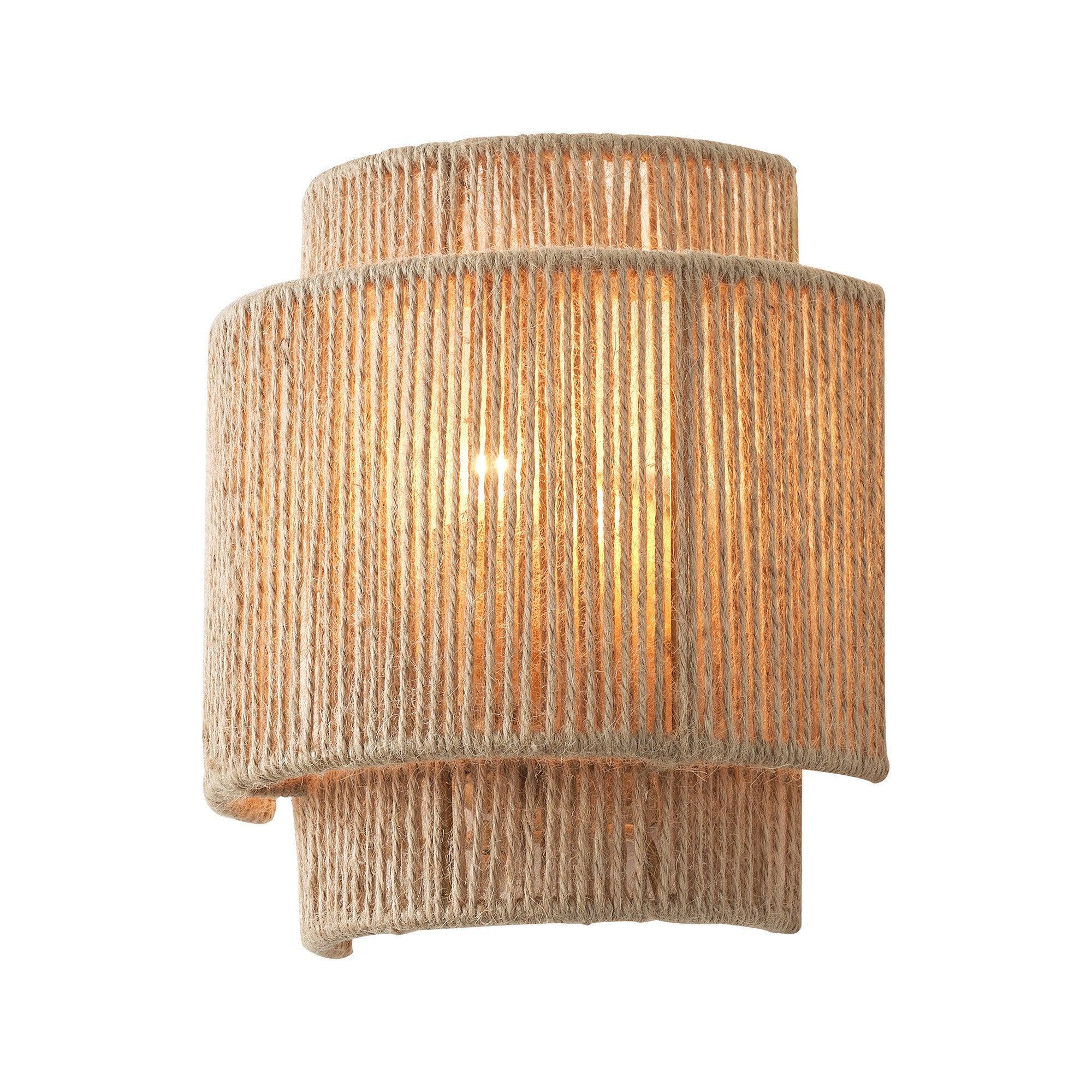 Brown rattan 1-light farmhouse wall sconce with ribbed drum shade
