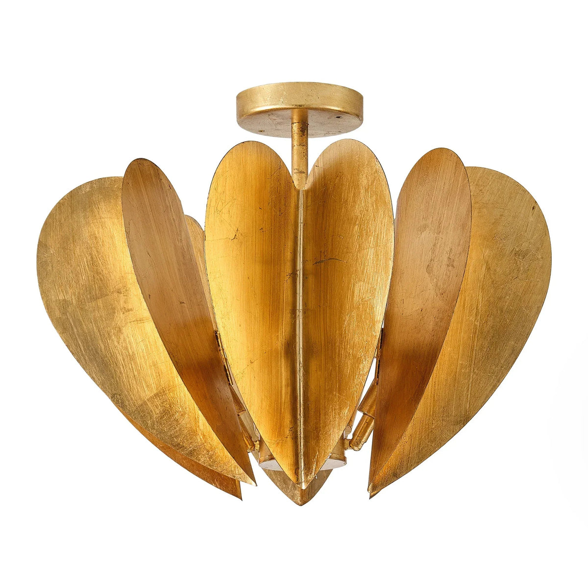Golden petal-shaped semi-flush mount ceiling light with central stem and round canopy