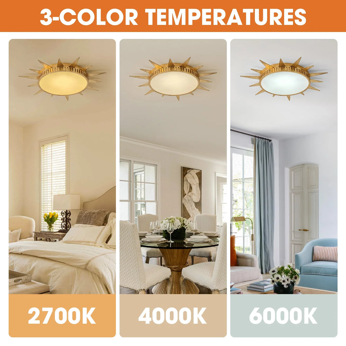 Golden sunburst flush-mount LED ceiling light with 3-color temperature glow
