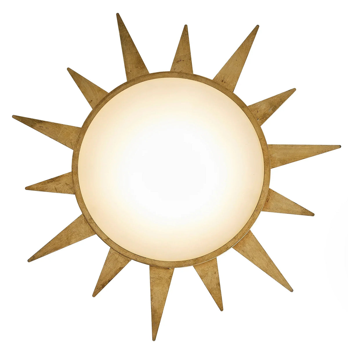 Golden sunburst flush-mount LED ceiling light with round acrylic diffuser and star rays