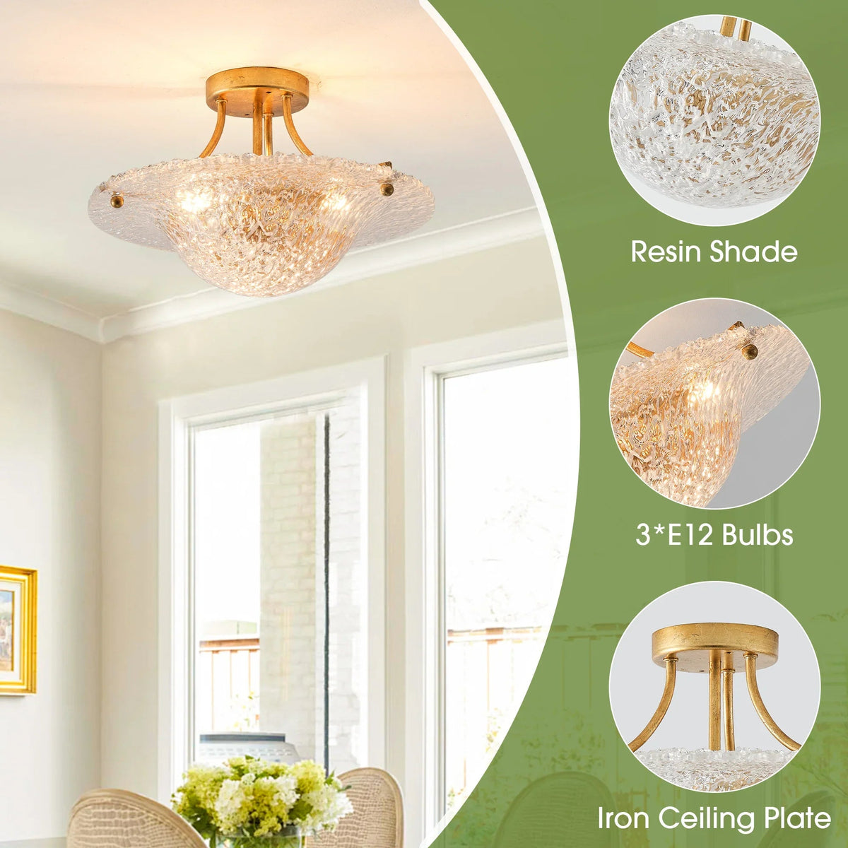 Golden semi-flush mount ceiling light showing resin shade, E12 bulbs, and iron plate
