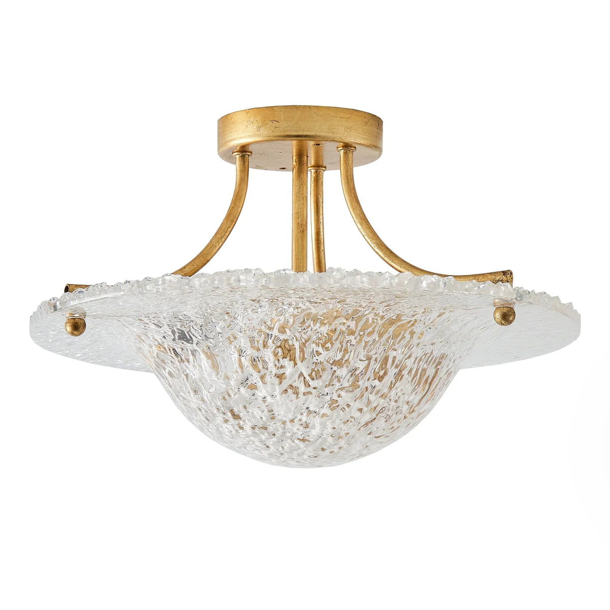 Golden semi-flush mount ceiling light featuring a clear frosted resin shade