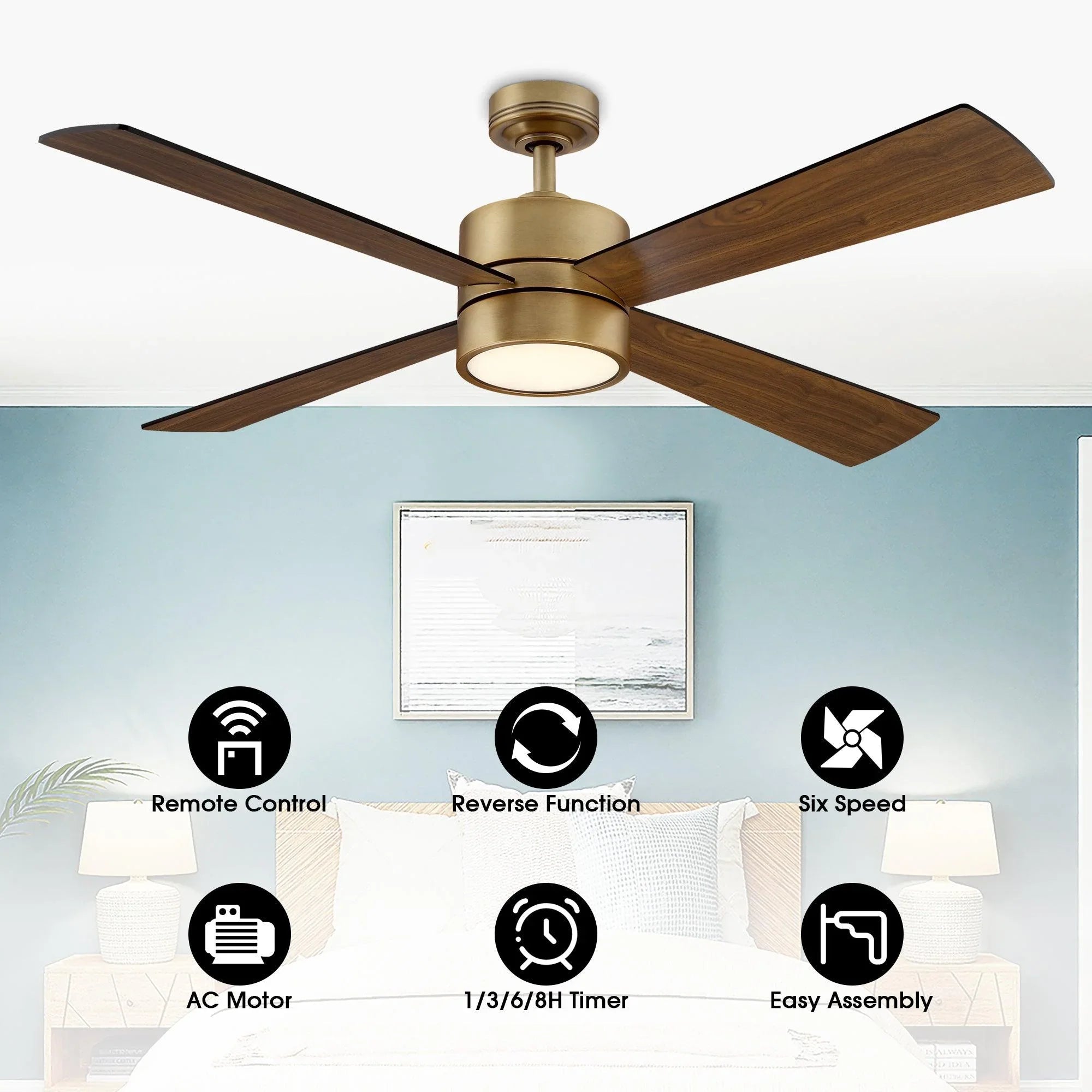 Bronze ceiling fan with walnut blades and LED light, remote control feature icons