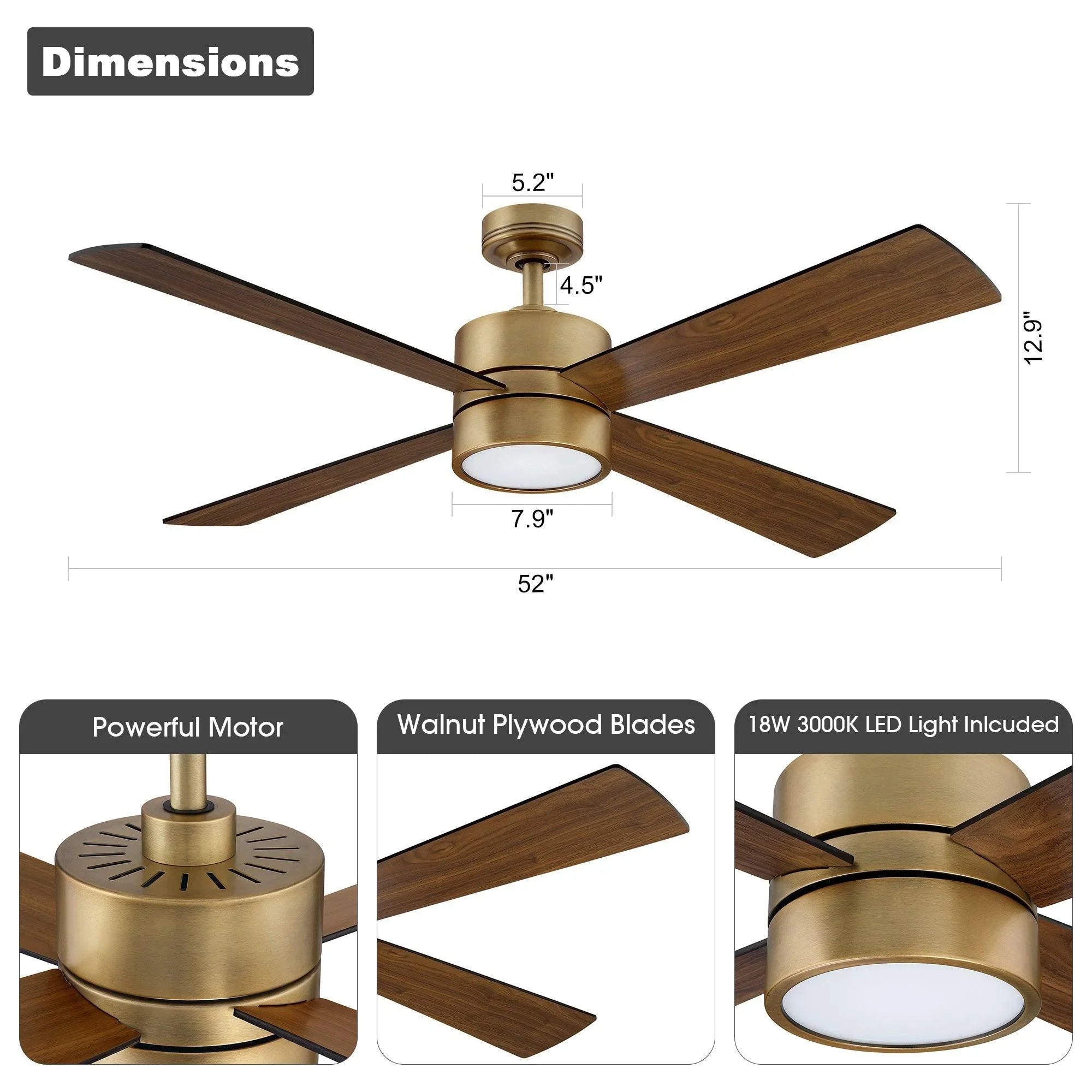 52-inch ceiling fan with walnut plywood blades and LED light, product detail collage