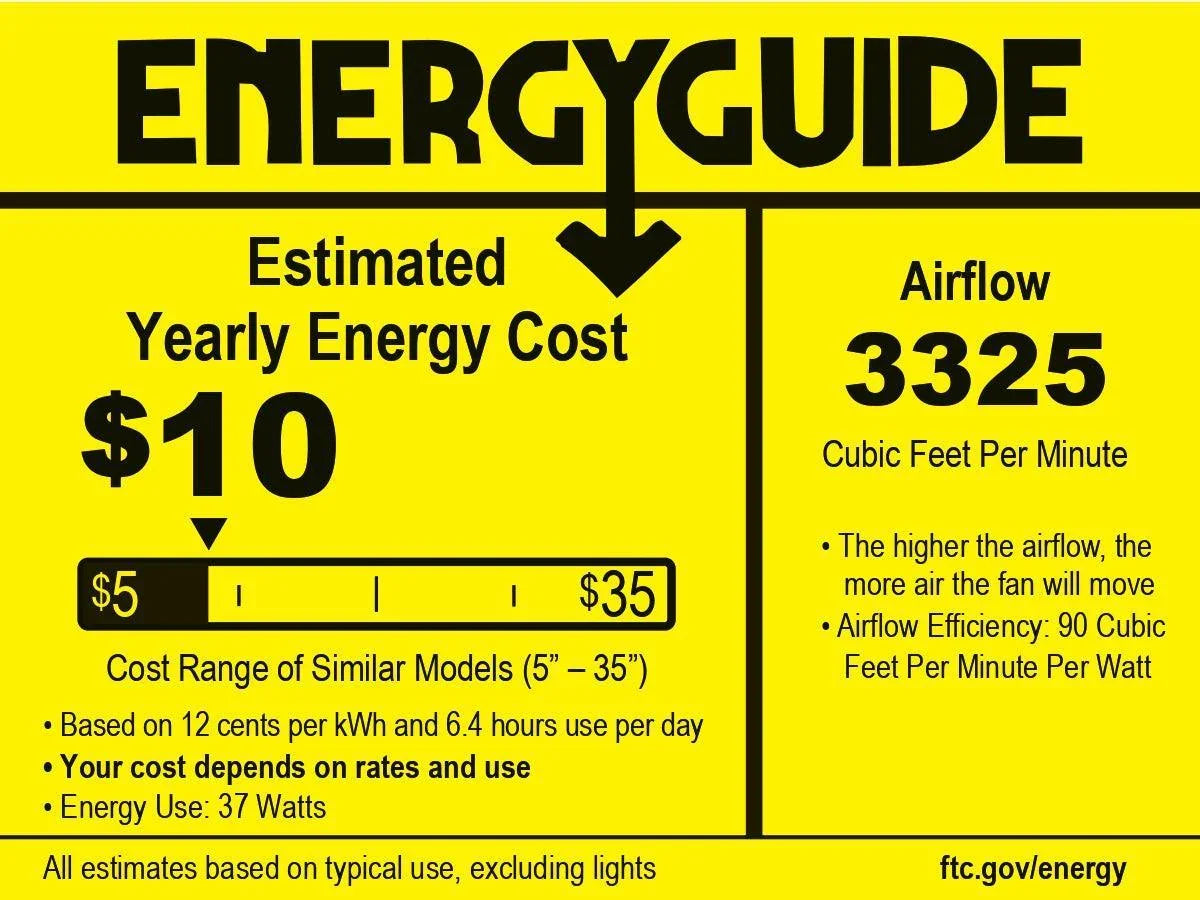 EnergyGuide chart with estimated yearly energy cost and airflow rating