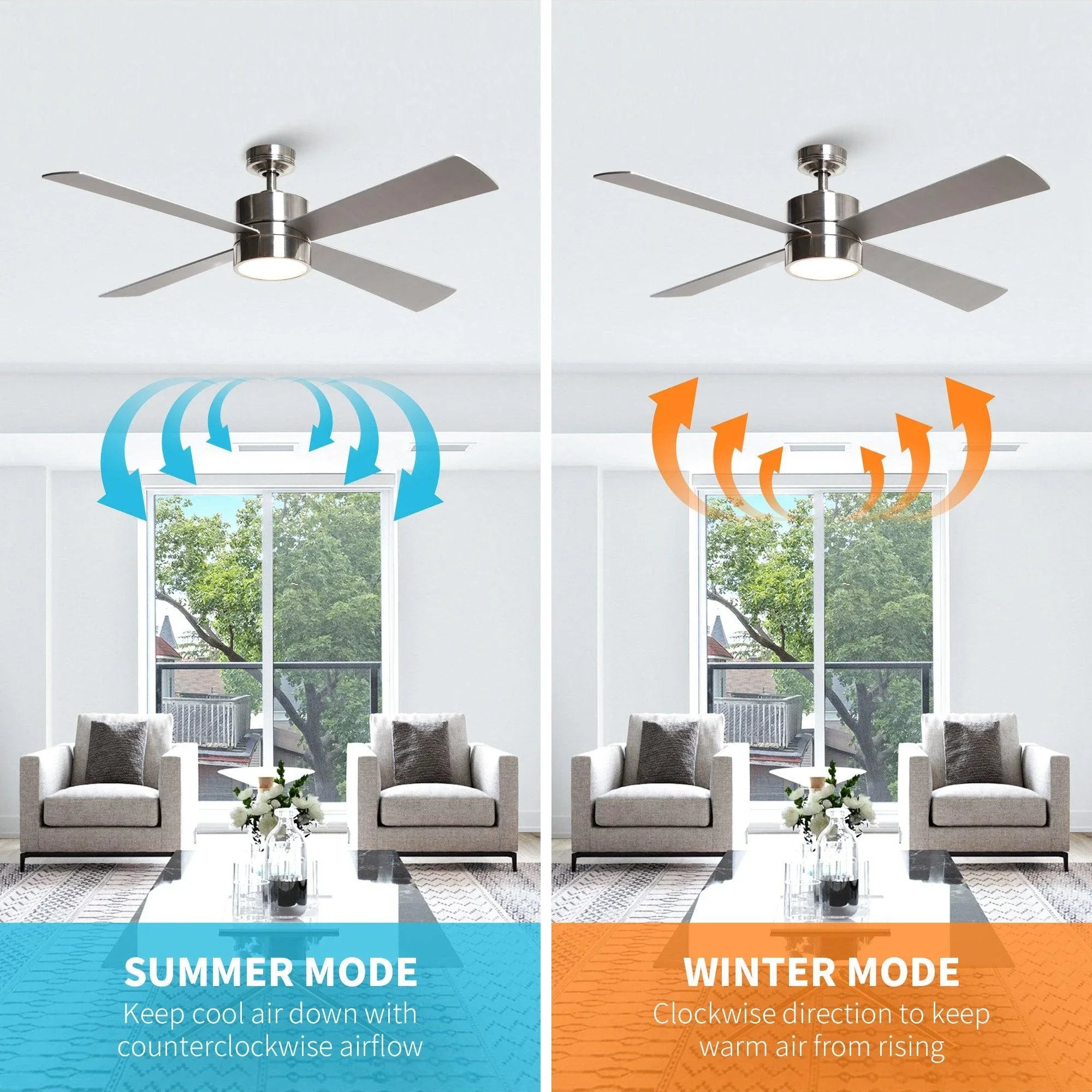Ceiling fan with walnut blades and LED light with summer and winter airflow diagrams