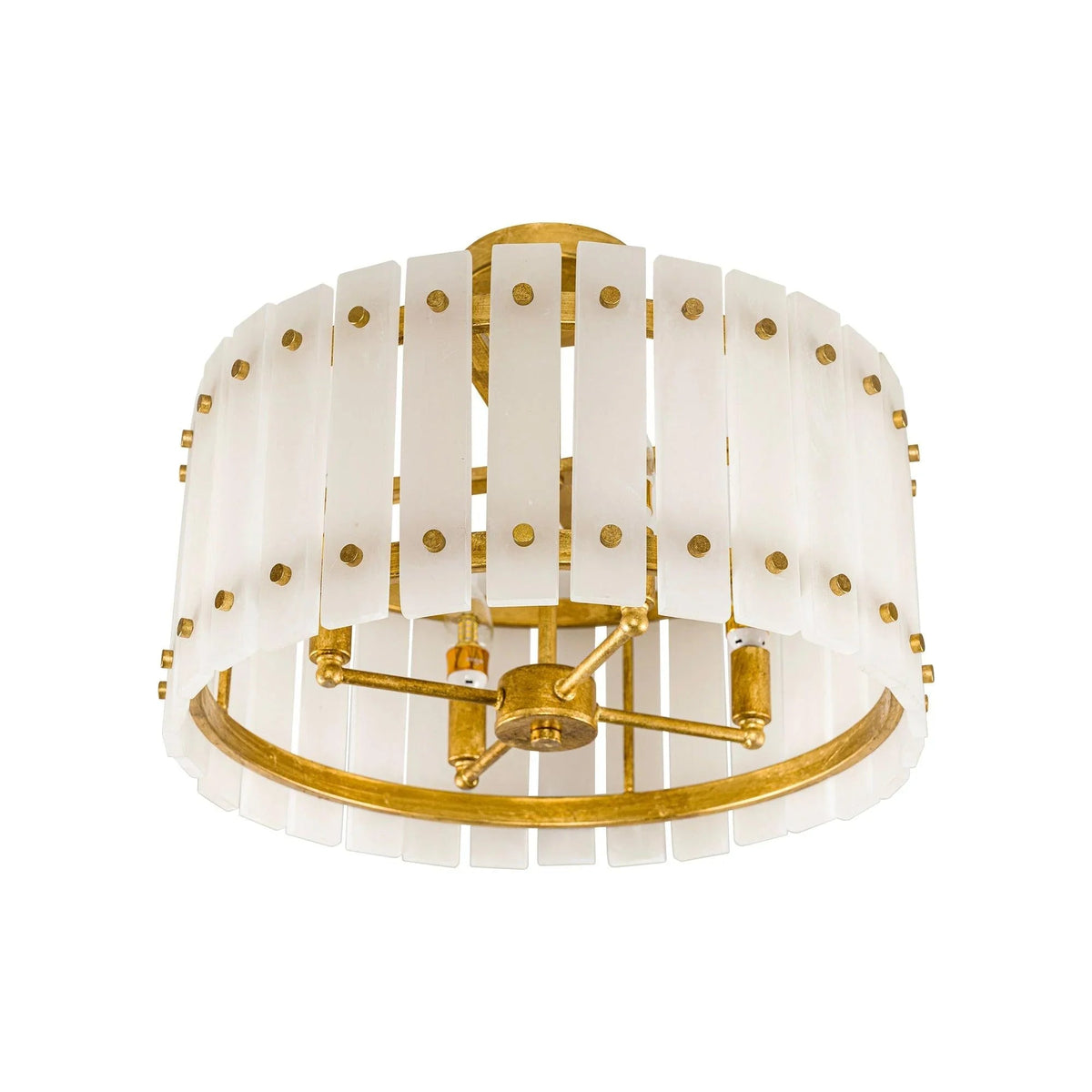 White drum ceiling light with golden central hub and four light sockets