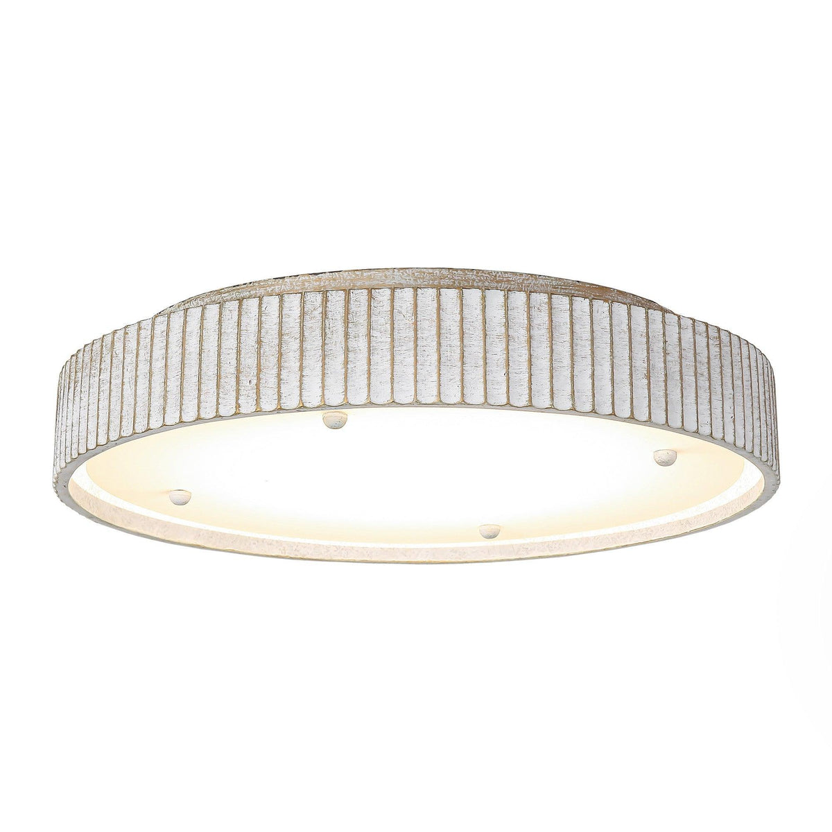 White modern flush mount ceiling light with ribbed drum shade and recessed LED glow