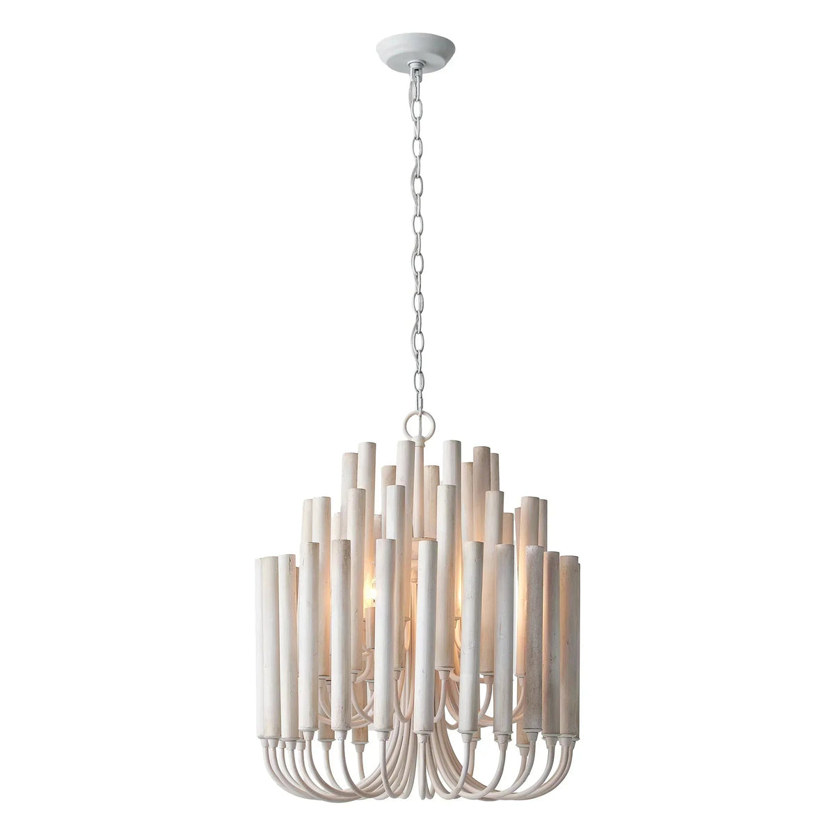White wooden 5-light chandelier with vertical cylinder shades on chain suspension